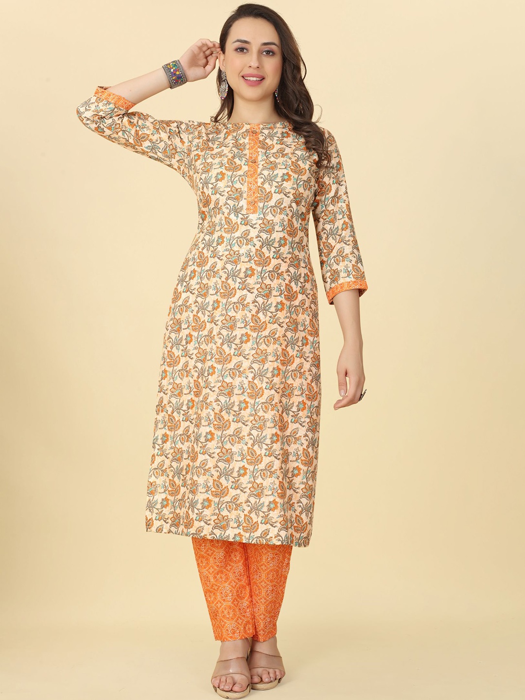 

KALINI Floral Printed Kurta with Trousers, Orange