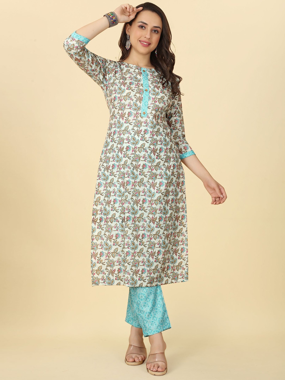 

KALINI Floral Printed Kurta with Trousers, Turquoise blue