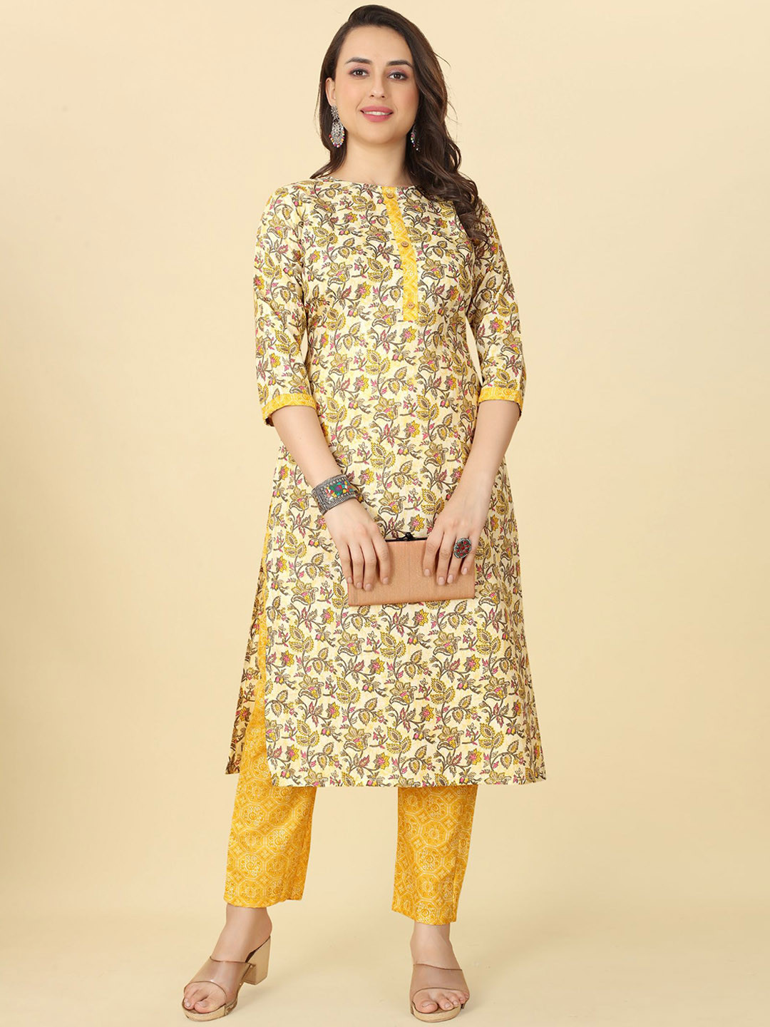 

KALINI Floral Printed Kurta with Trousers, Yellow