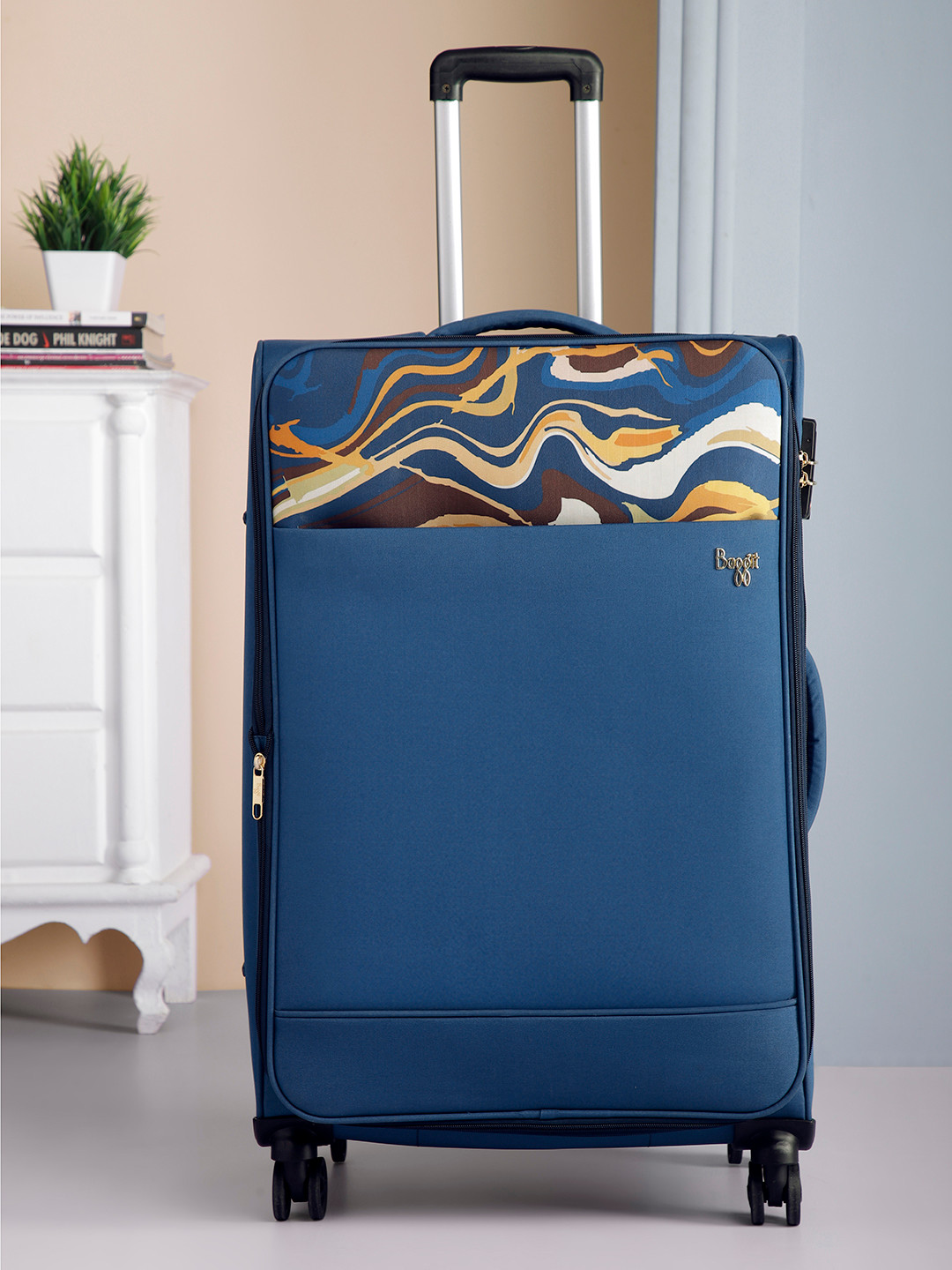 

Baggit LAVA Abstract Printed Soft-Sided large Trolley Suitcase, Teal