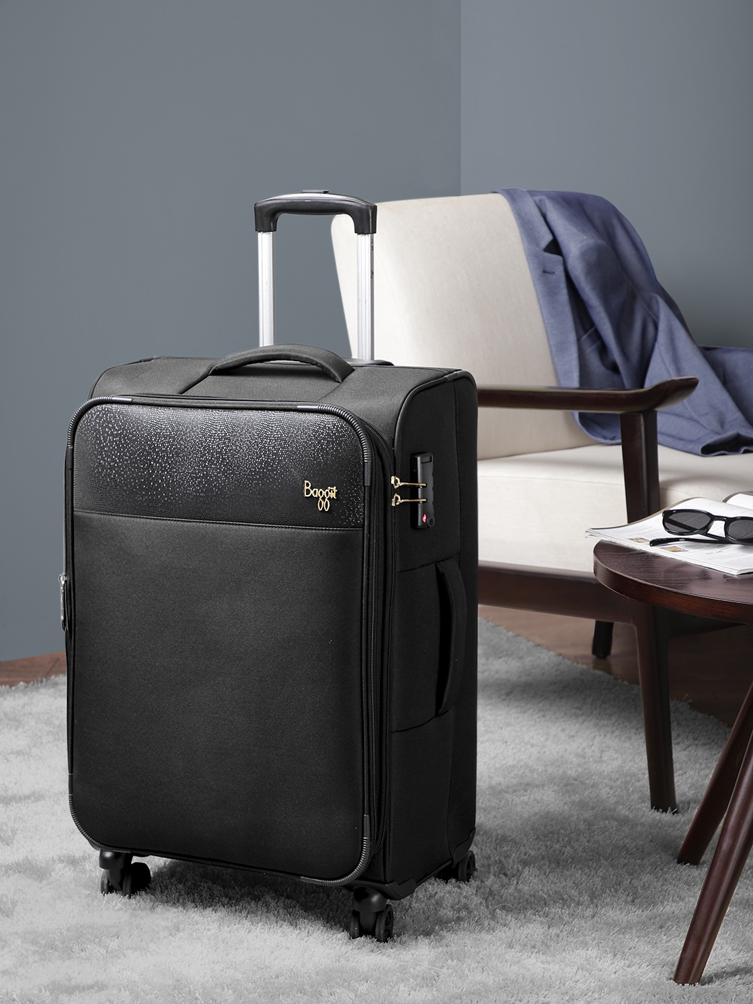 

Baggit SIENNA Abstract Printed Soft-Sided Medium Trolley Suitcase, Black