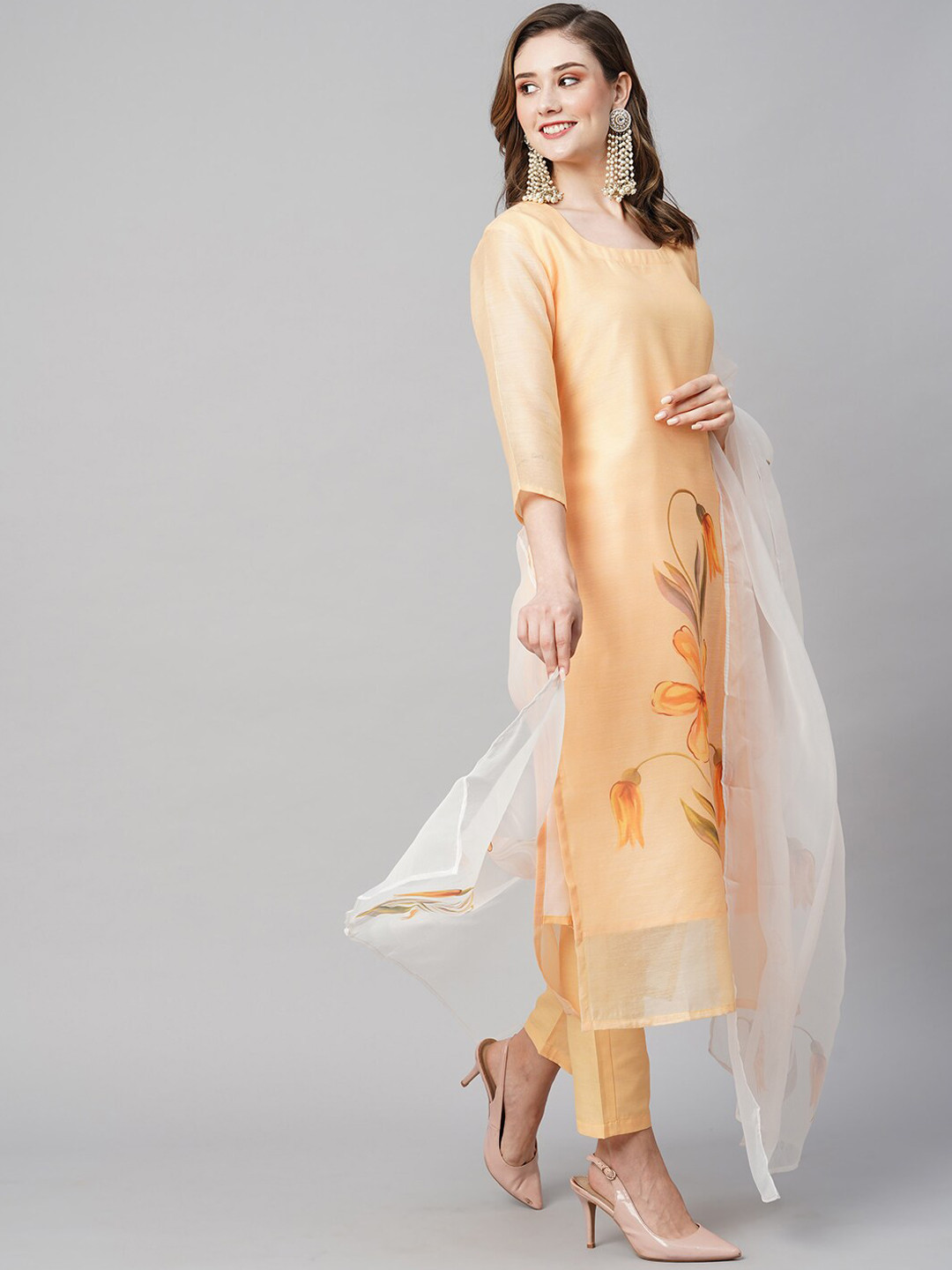 

KALINI Floral Printed Regular Kurta with Trousers & With Dupatta, Cream
