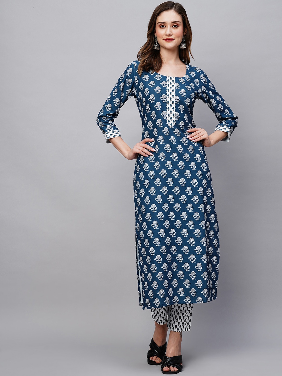 

KALINI Ethnic Motifs Printed Yoke Design Gotta Patti Kurta with Trousers, Blue