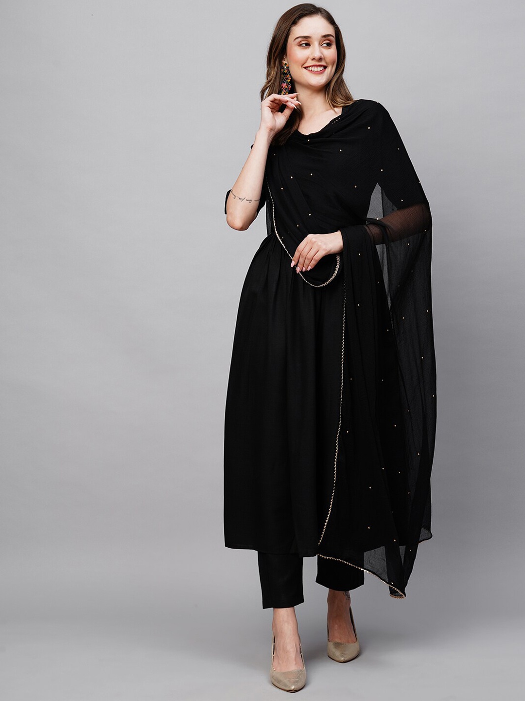 

KALINI Gotta Patti Detail Kurta with Trousers & With Dupatta, Black