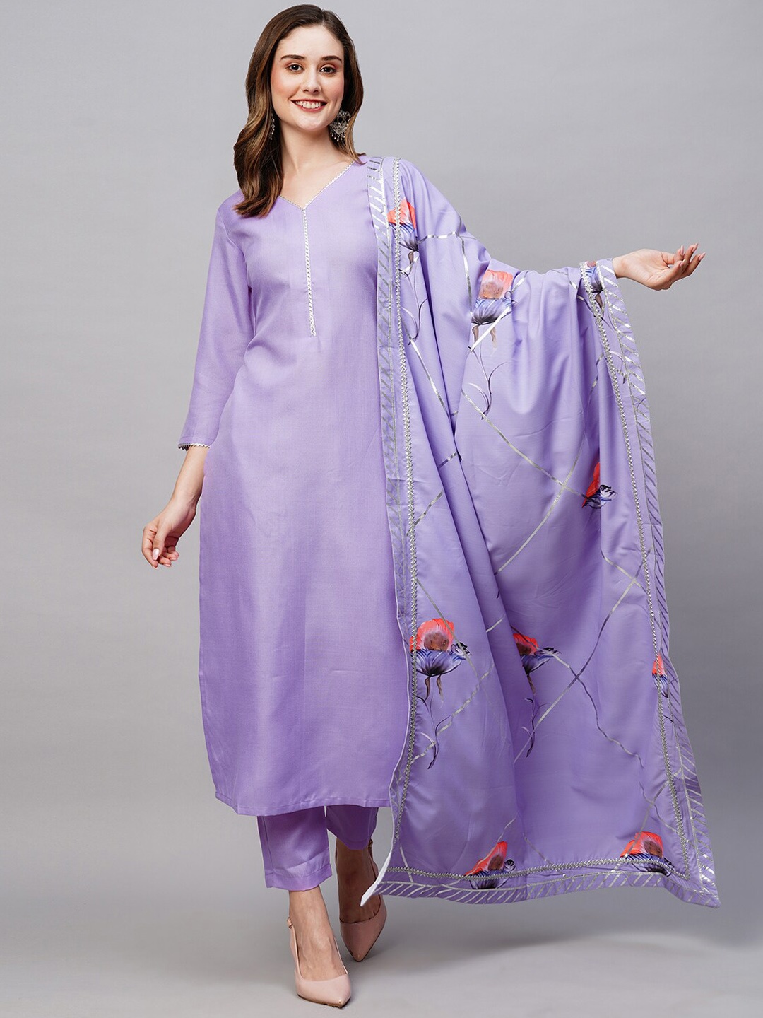 

KALINI V-Neck Gotta Patti Straight Kurta & Trousers With Dupatta, Purple