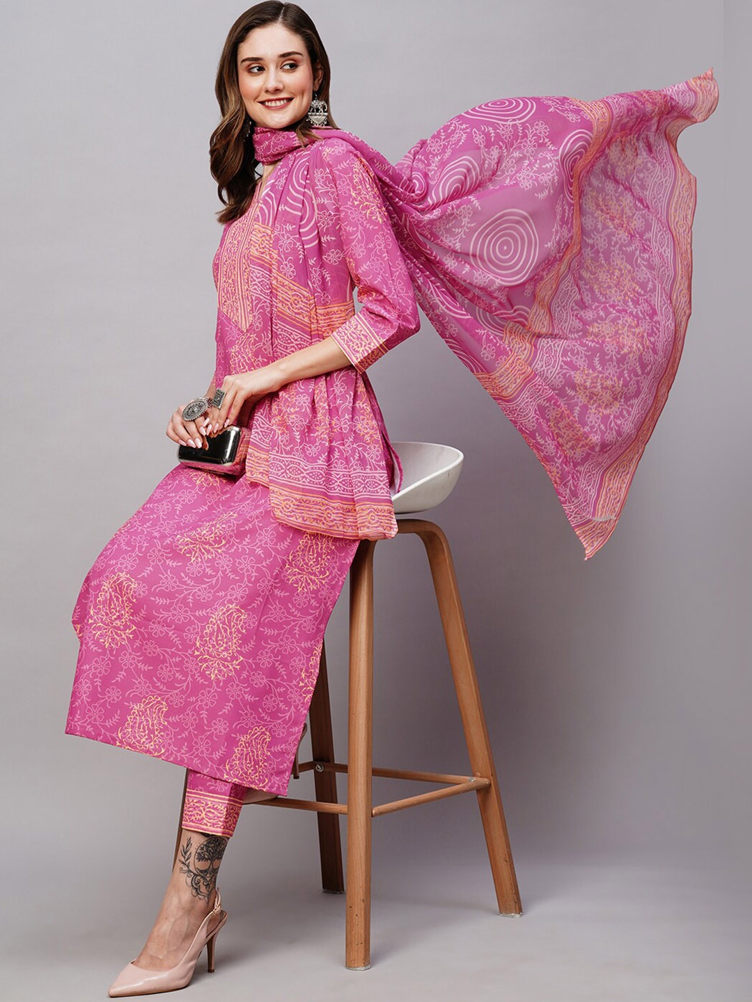 

KALINI Ethni Motifs Printed Regular Kurta with Trousers & Dupatta, Pink