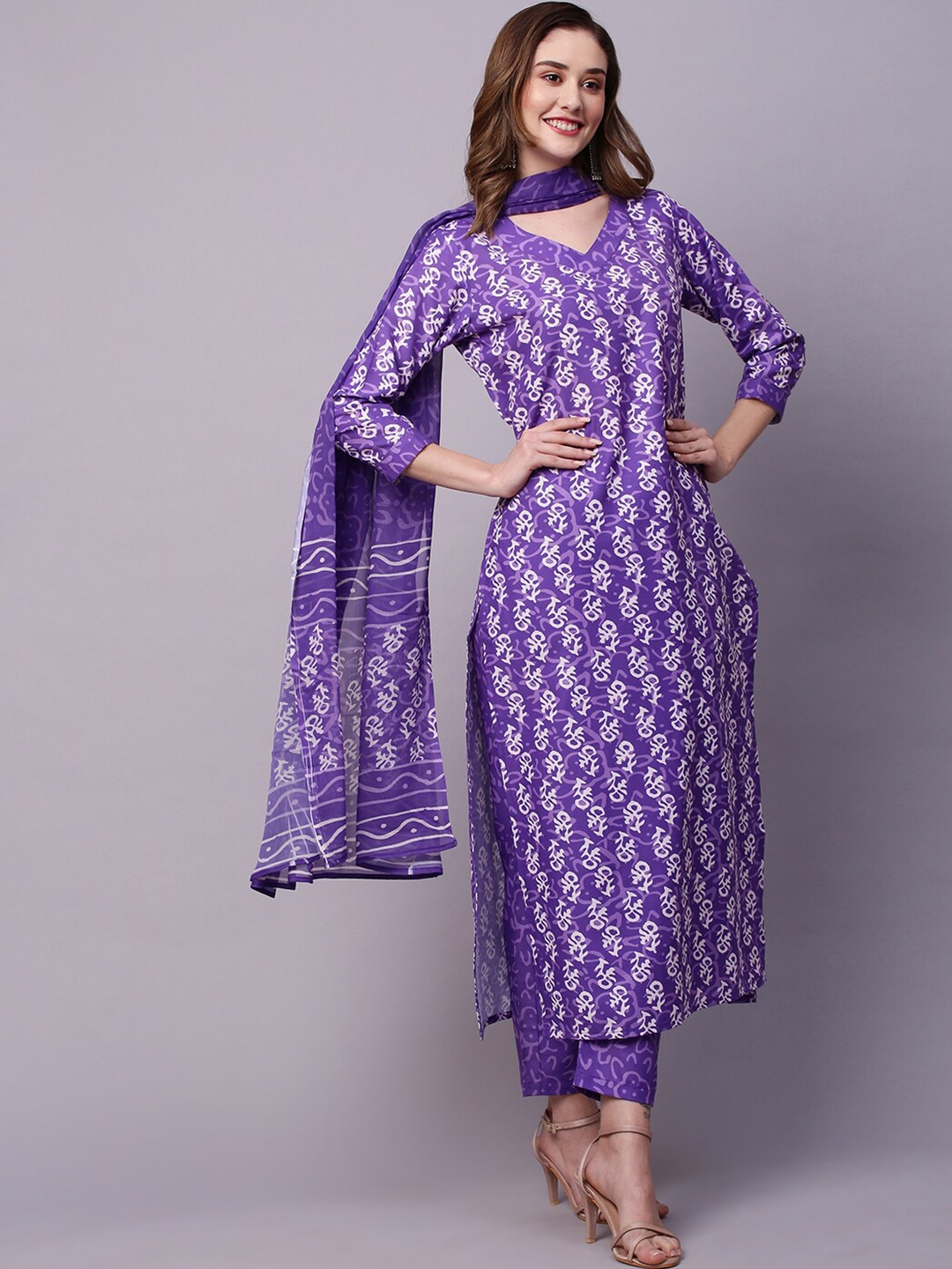 

KALINI Abstract Printed Regular Kurta with Trousers & With Dupatta, Purple