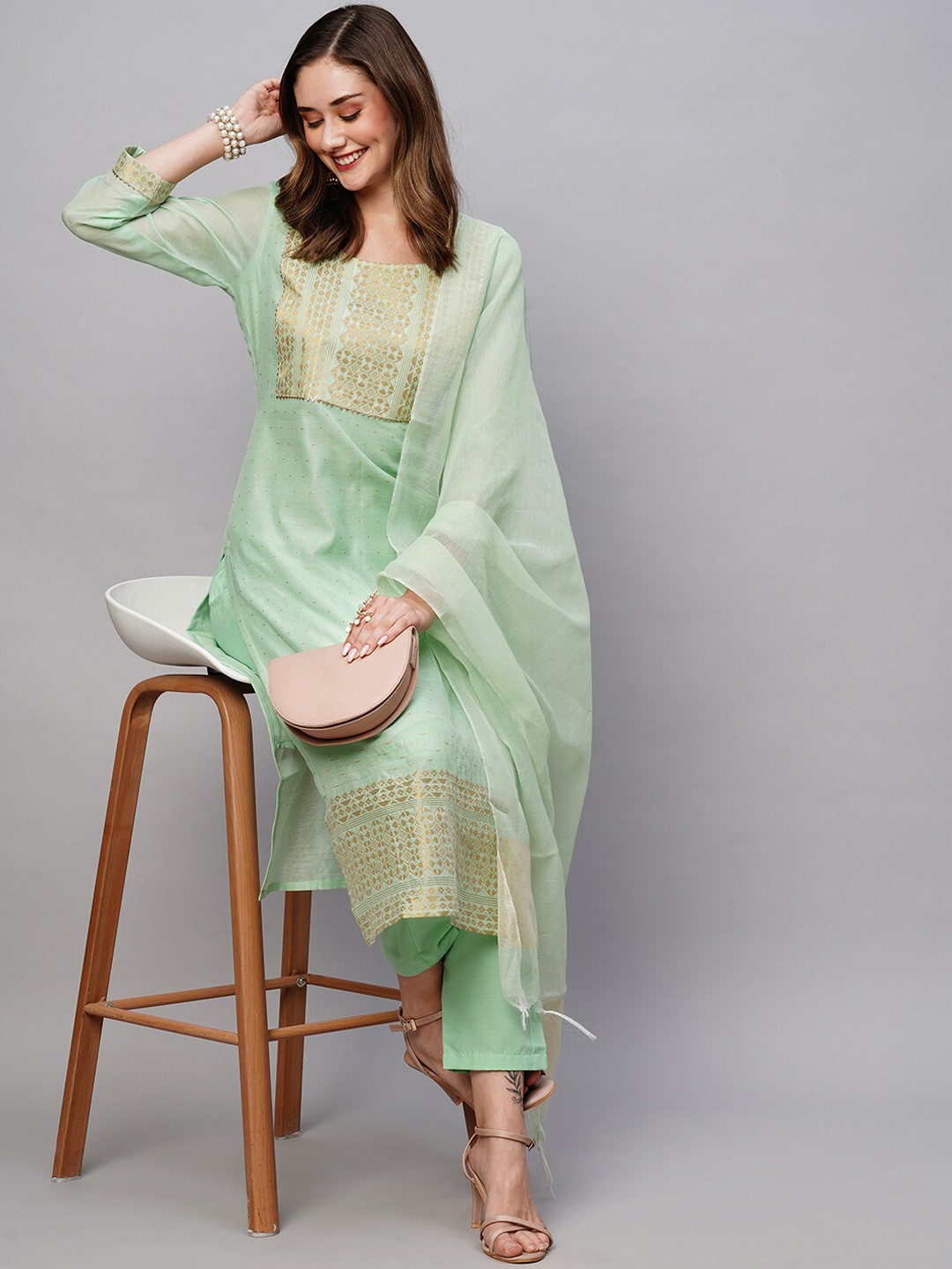 

KALINI Woven Design Gotta Patti Regular Kurta with Trousers & Dupatta, Green