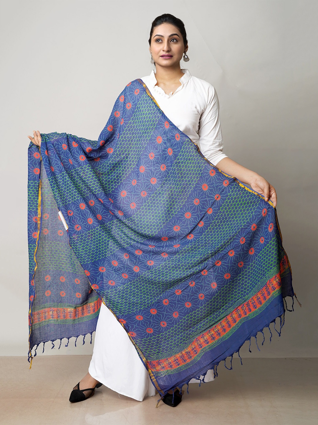 

Unnati Silks Ethnic Motifs Printed Pure Cotton Batik Dupatta with Zari, Blue