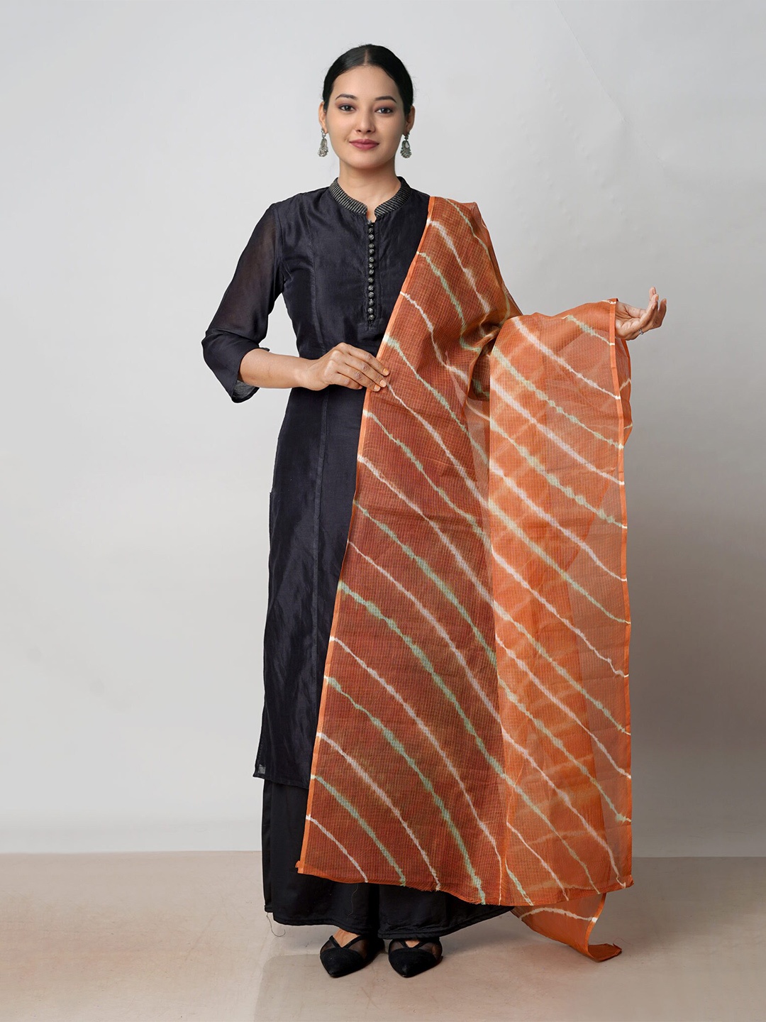 

Unnati Silks Printed Pure Cotton Leheriya Dupatta with Zari, Brown