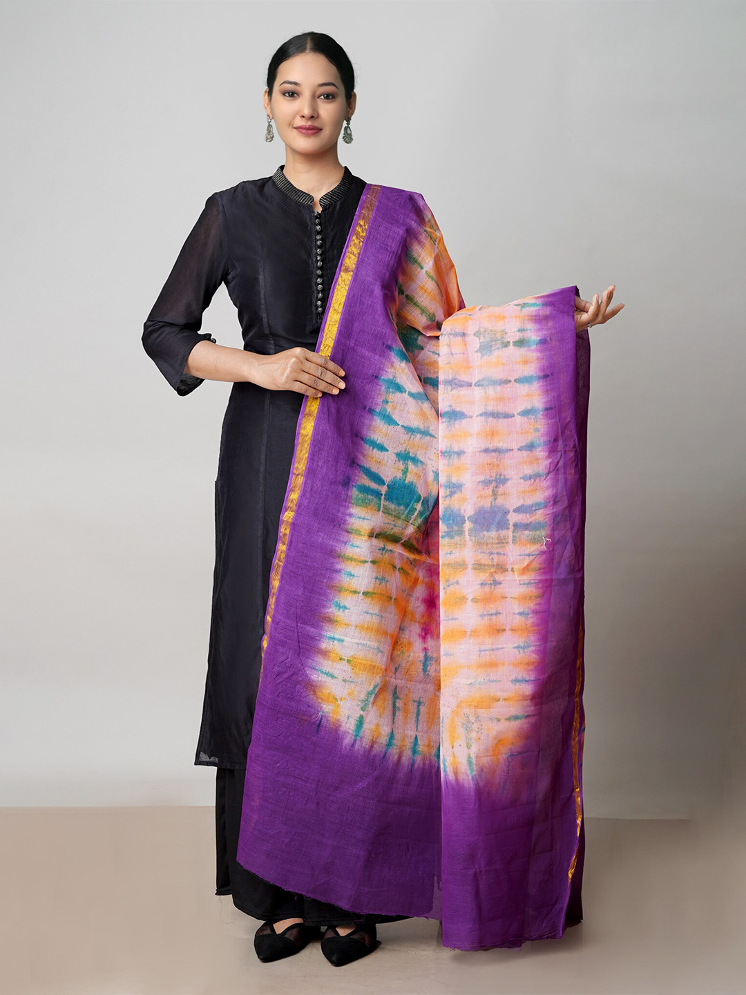 

Unnati Silks Printed Pure Cotton Tie and Dye Dupatta with Zari, Purple