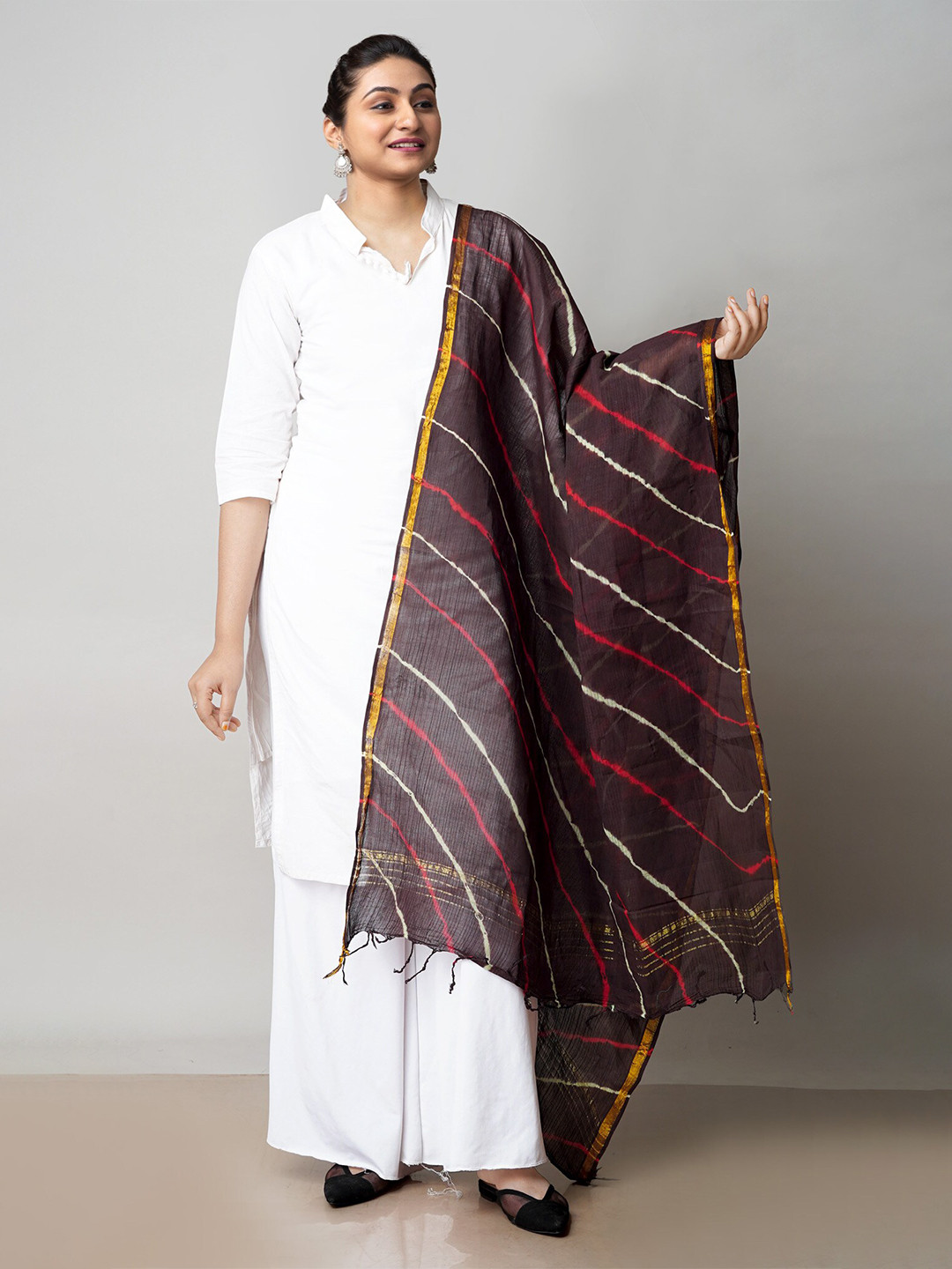 

Unnati Silks Printed Pure Cotton Leheriya Dupatta with Zari, Brown