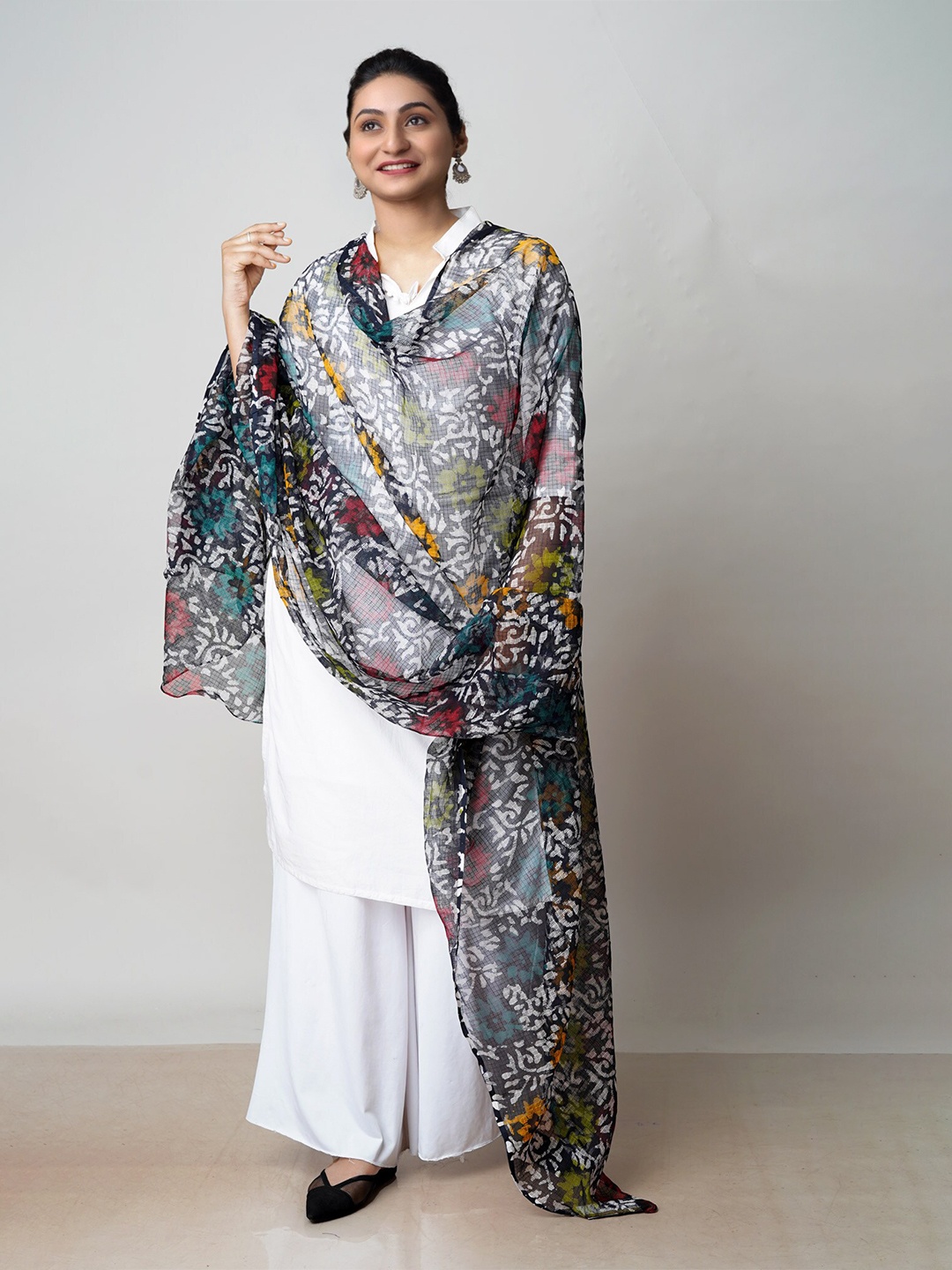 

Unnati Silks Ethnic Motifs Printed Pure Cotton Batik Dupatta, Black