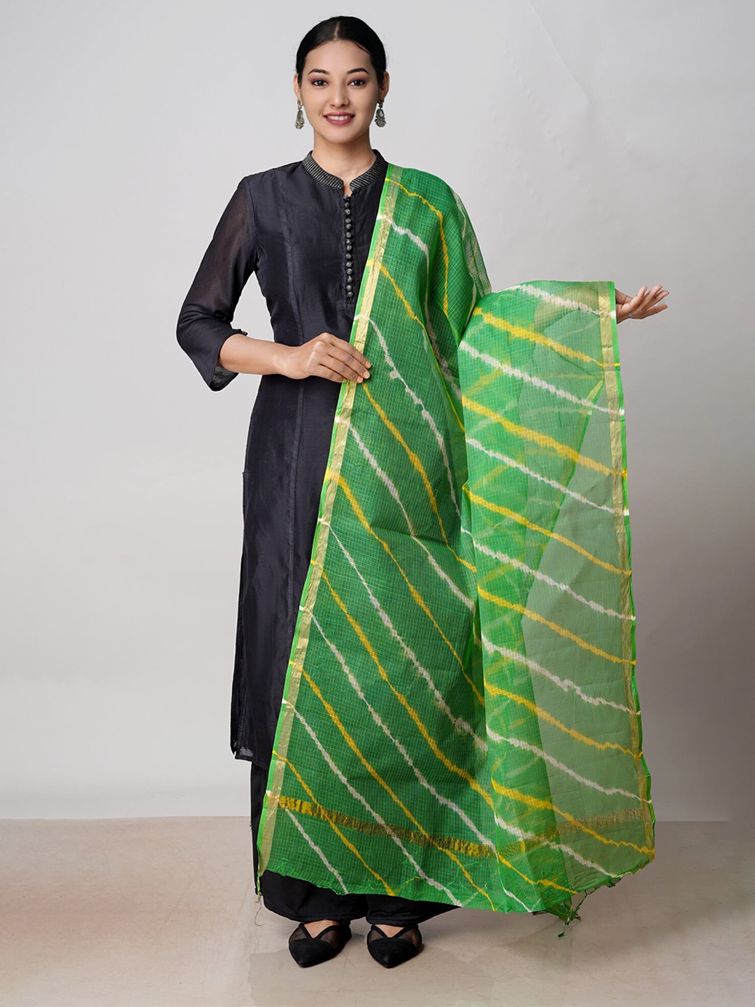 

Unnati Silks Striped Pure Cotton Zari Dupatta, Green