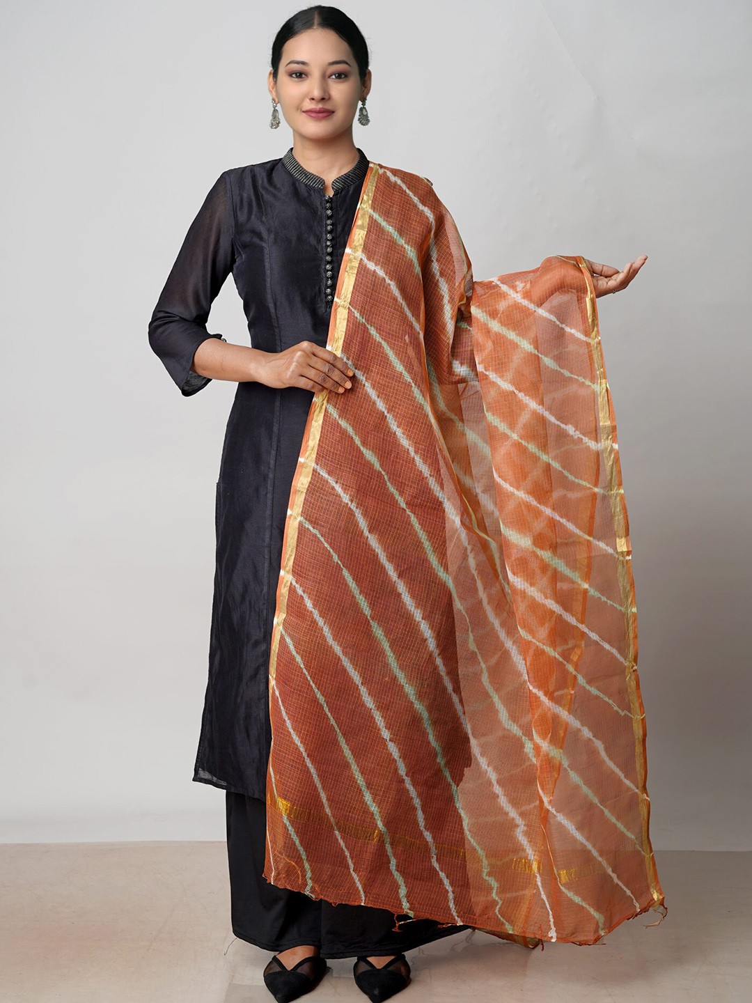 

Unnati Silks Striped Pure Cotton Zari Dupatta, Brown