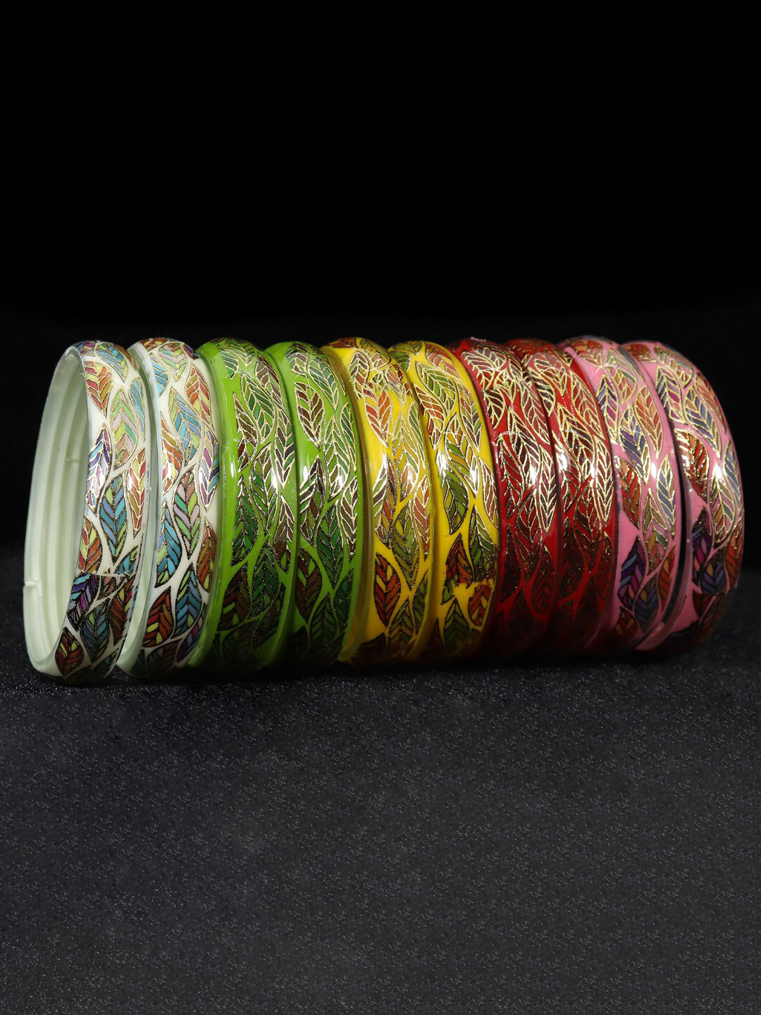

NMII Set Of 10 Leaf Printed Glossy Finished Glass Bangles, Green