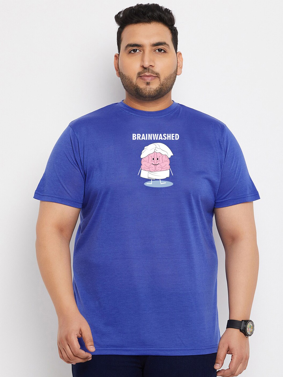 

bigbanana Typography Print Bio Finish Cotton Plus Size T-shirt, Blue