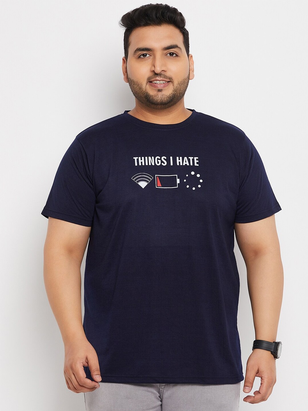

bigbanana Men Plus Size Typography Print Bio Finish Round Neck T-shirt, Navy blue