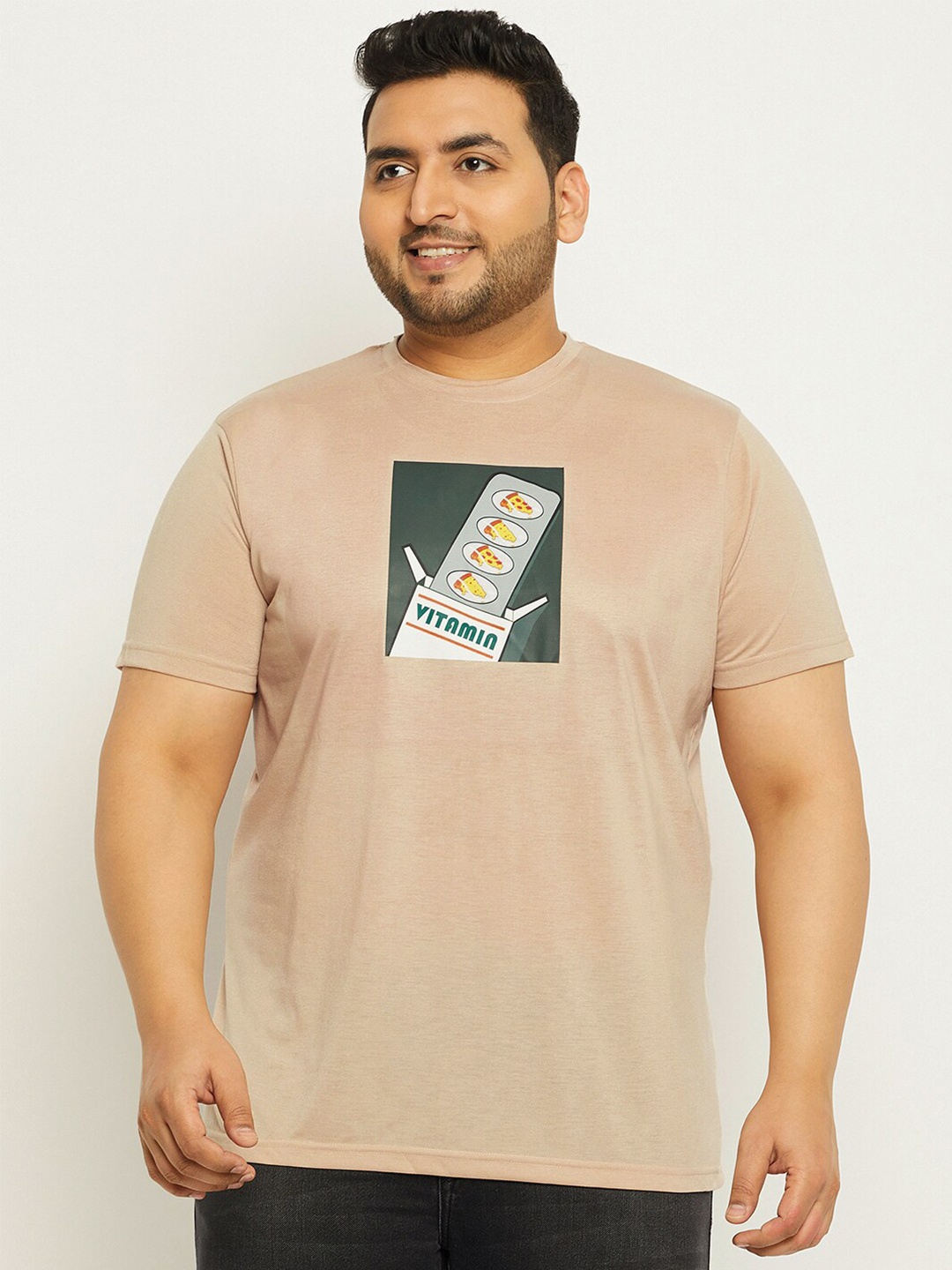 

bigbanana Plus Size Typography Printed Bio Finish T-shirt, Beige