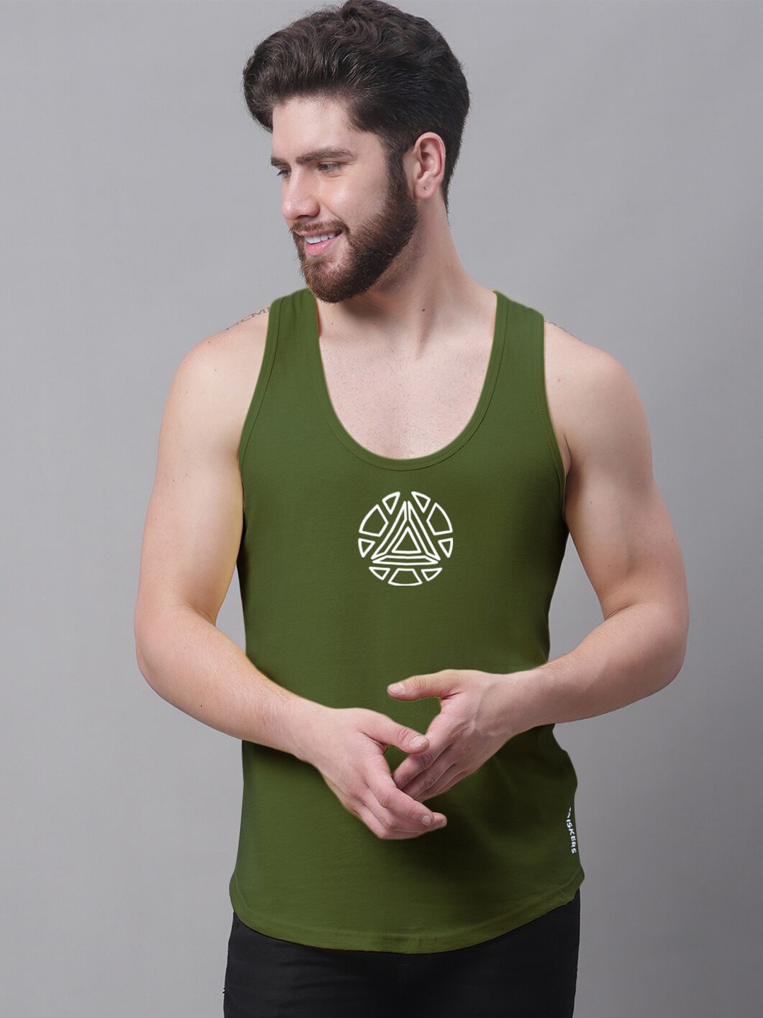 

Friskers Geometric Printed Bio Wash Pure Cotton Innerwear Vests, Olive