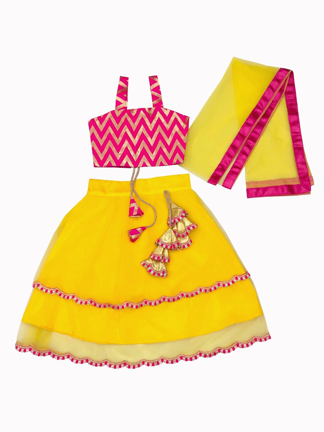 

BAESD Girls Geometric Printed Lehenga With Blouse & Dupatta, Yellow