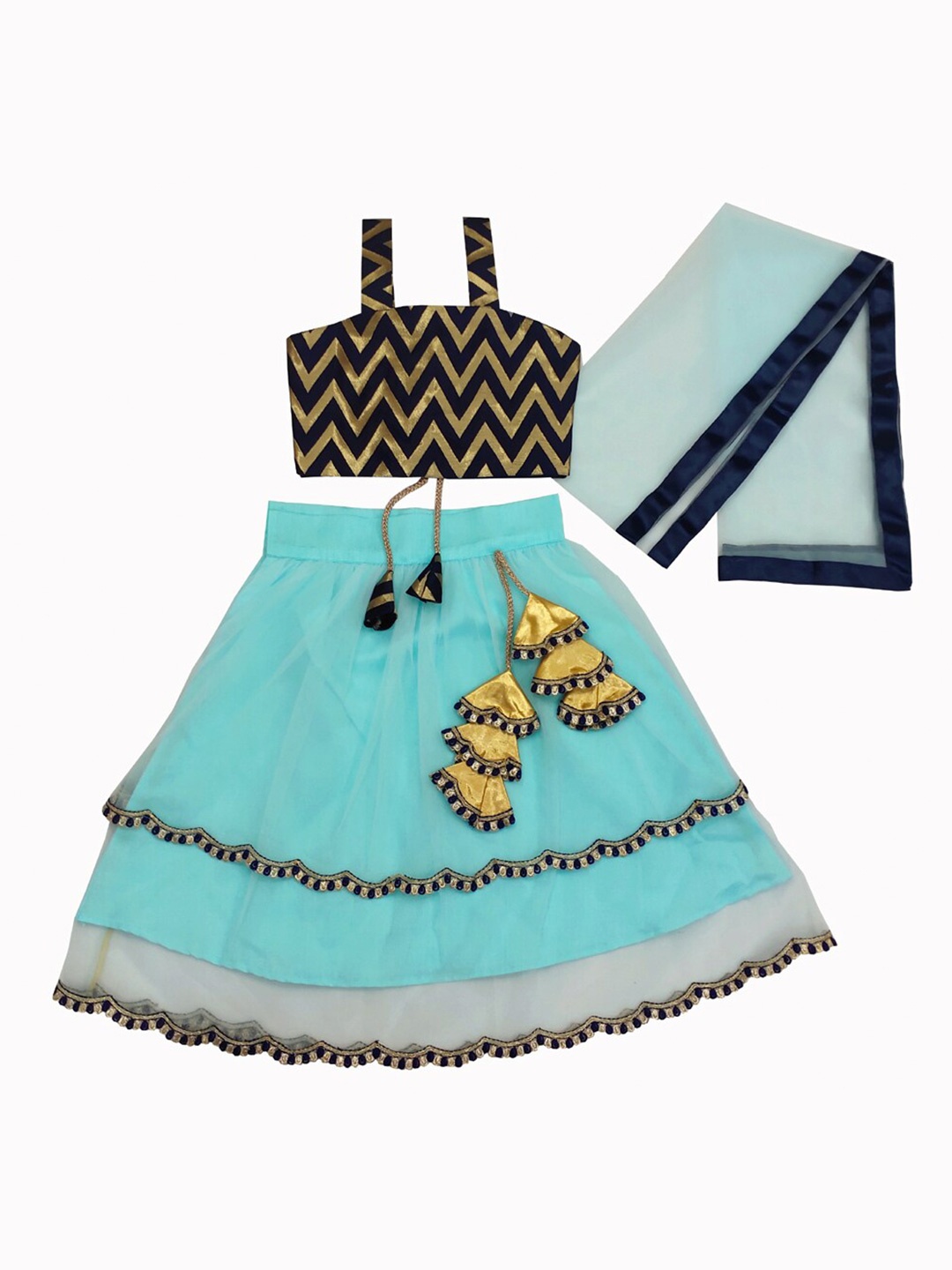 

BAESD Girls Geometric Printed Lehenga With Blouse & Dupatta, Sea green