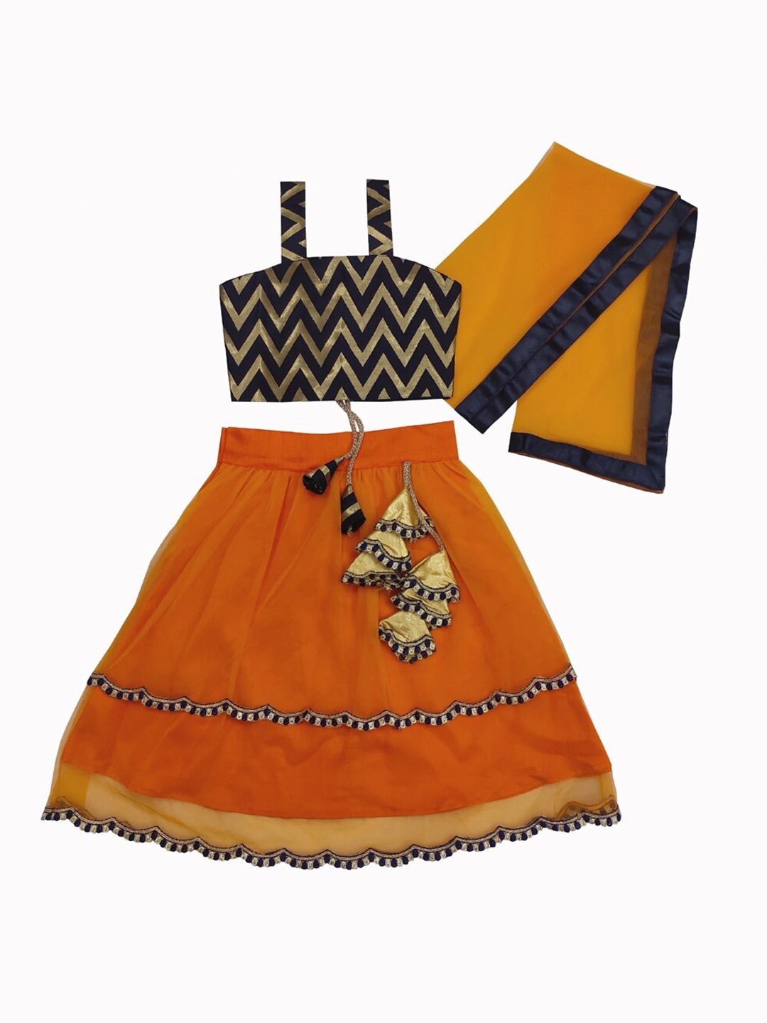 

BAESD Girls Geometric Printed Lehenga With Blouse & Dupatta, Orange