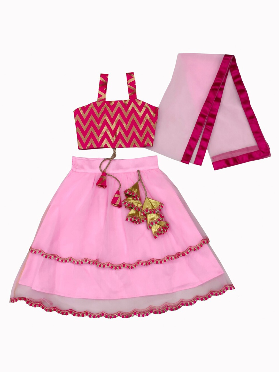 

BAESD Girls Geometric Printed Lehenga With Blouse & Dupatta, Pink