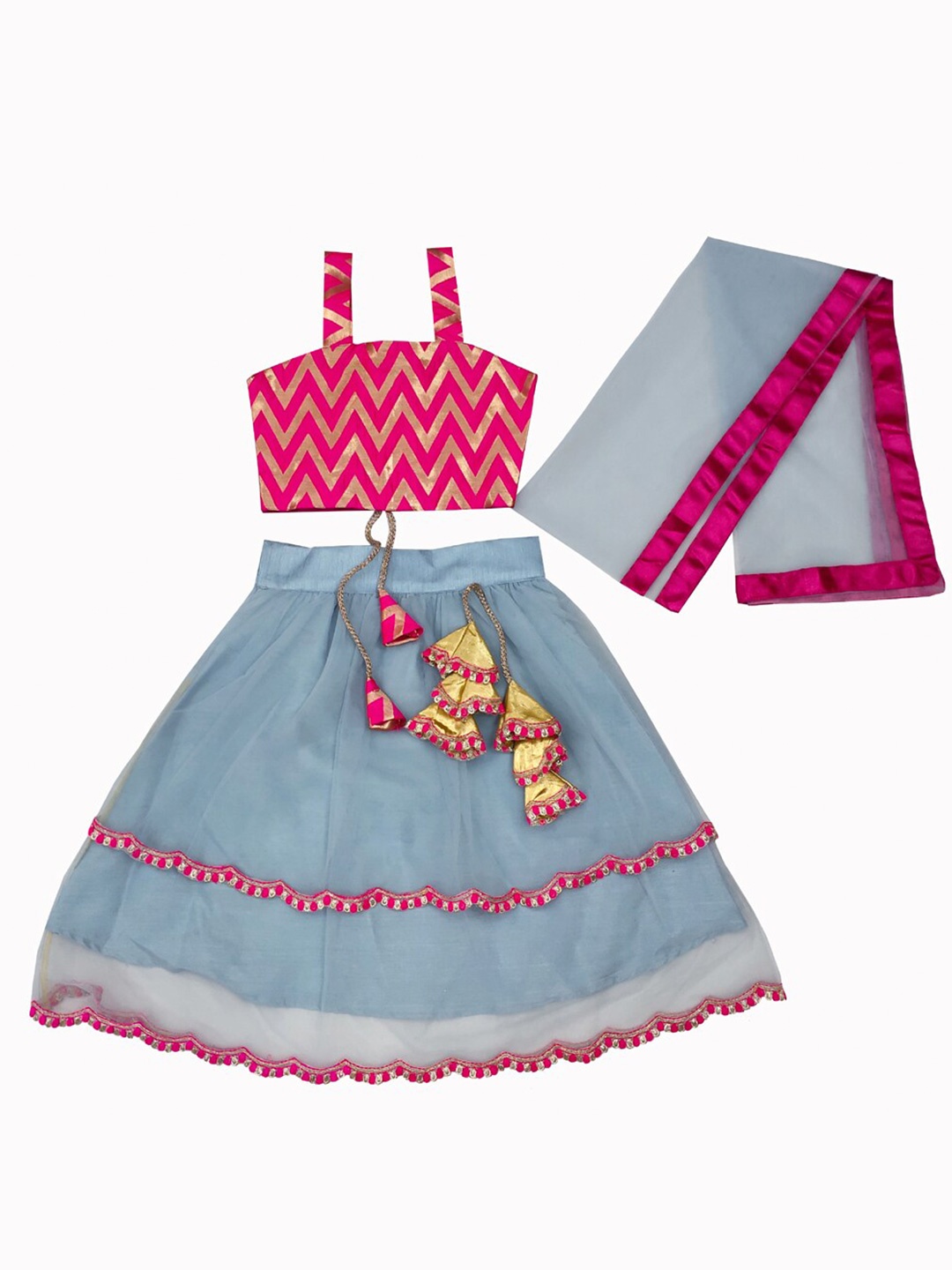 

BAESD Girls Geometric Printed Lehenga With Blouse & Dupatta, Grey