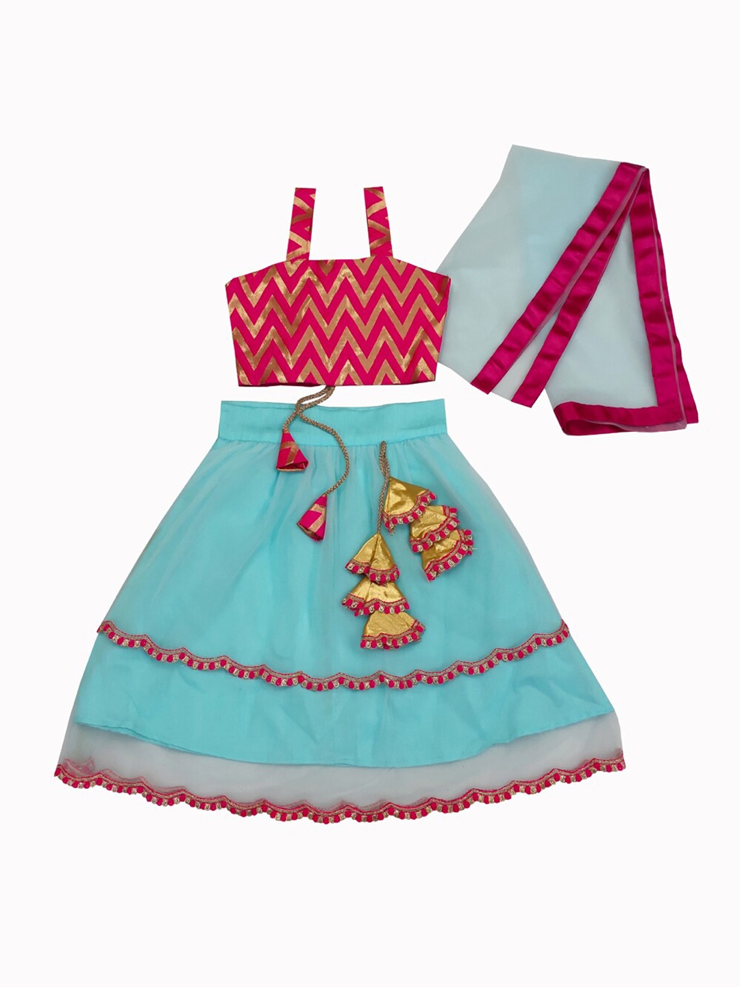 

BAESD Girls Geometric Printed Lehenga With Blouse & Dupatta, Sea green