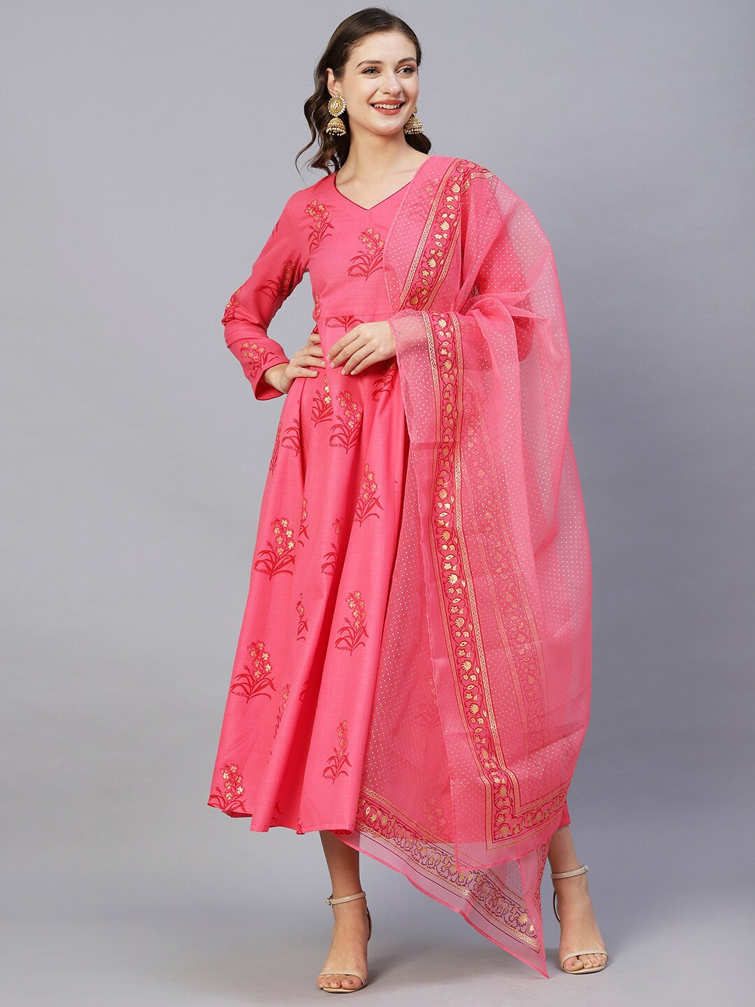 

KALINI Floral Printed Anarkali Ethnic Dress With Dupatta, Pink