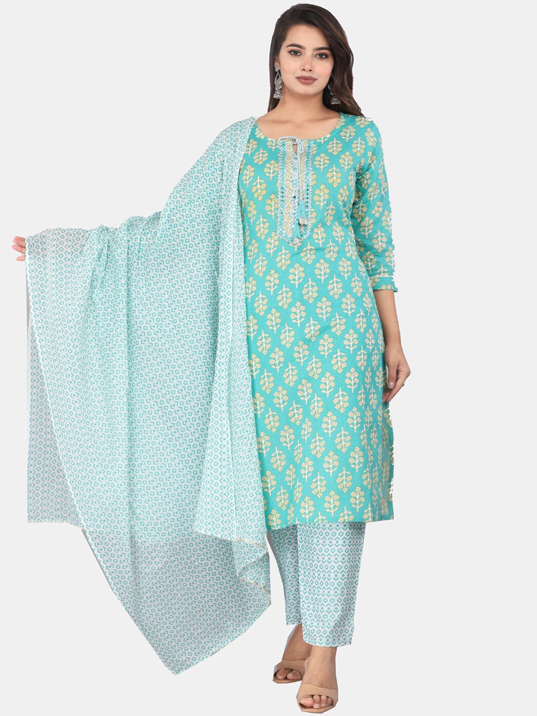 

HIGHLIGHT FASHION EXPORT Floral Printed Pure Cotton Straight Kurta & Trousers With Dupatta, Green