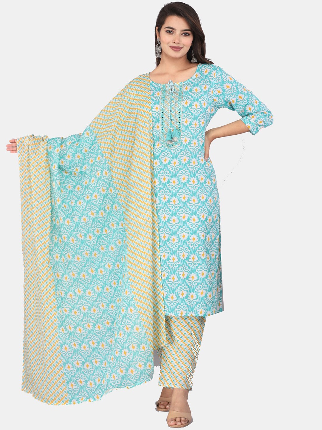 

HIGHLIGHT FASHION EXPORT Ethnic Motifs Printed Pure Cotton Kurta & Trousers With Dupatta, Blue