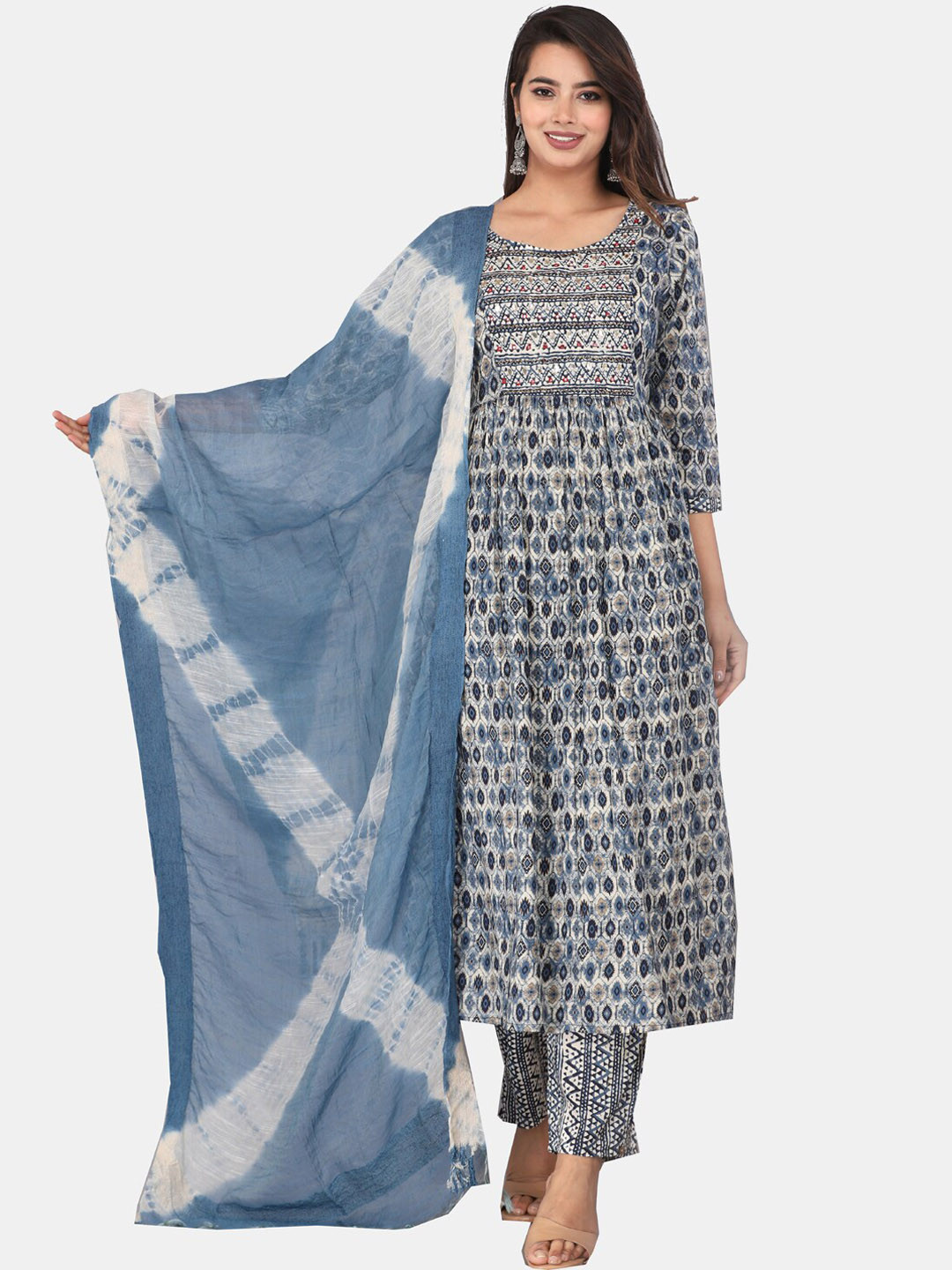 

HIGHLIGHT FASHION EXPORT Ethnic Motifs Printed A-Line Kurta & Trousers With Dupatta, Blue