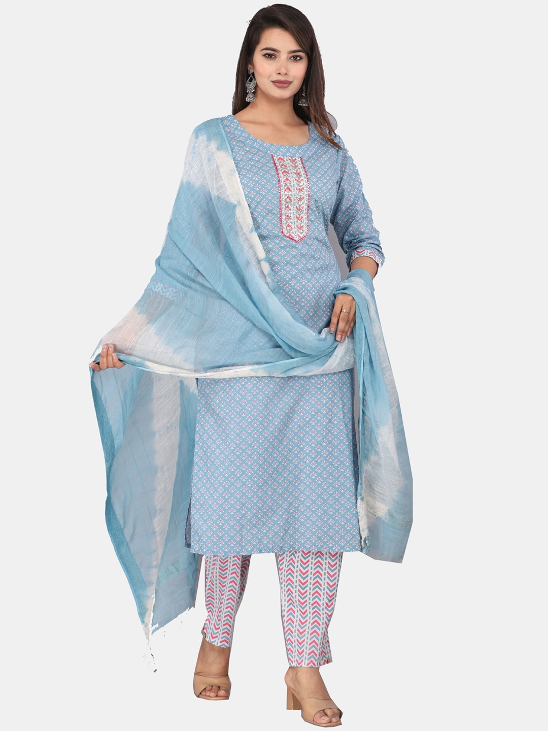 

HIGHLIGHT FASHION EXPORT Ethnic Motifs Printed Pure Cotton Kurta & Trousers With Dupatta, Blue