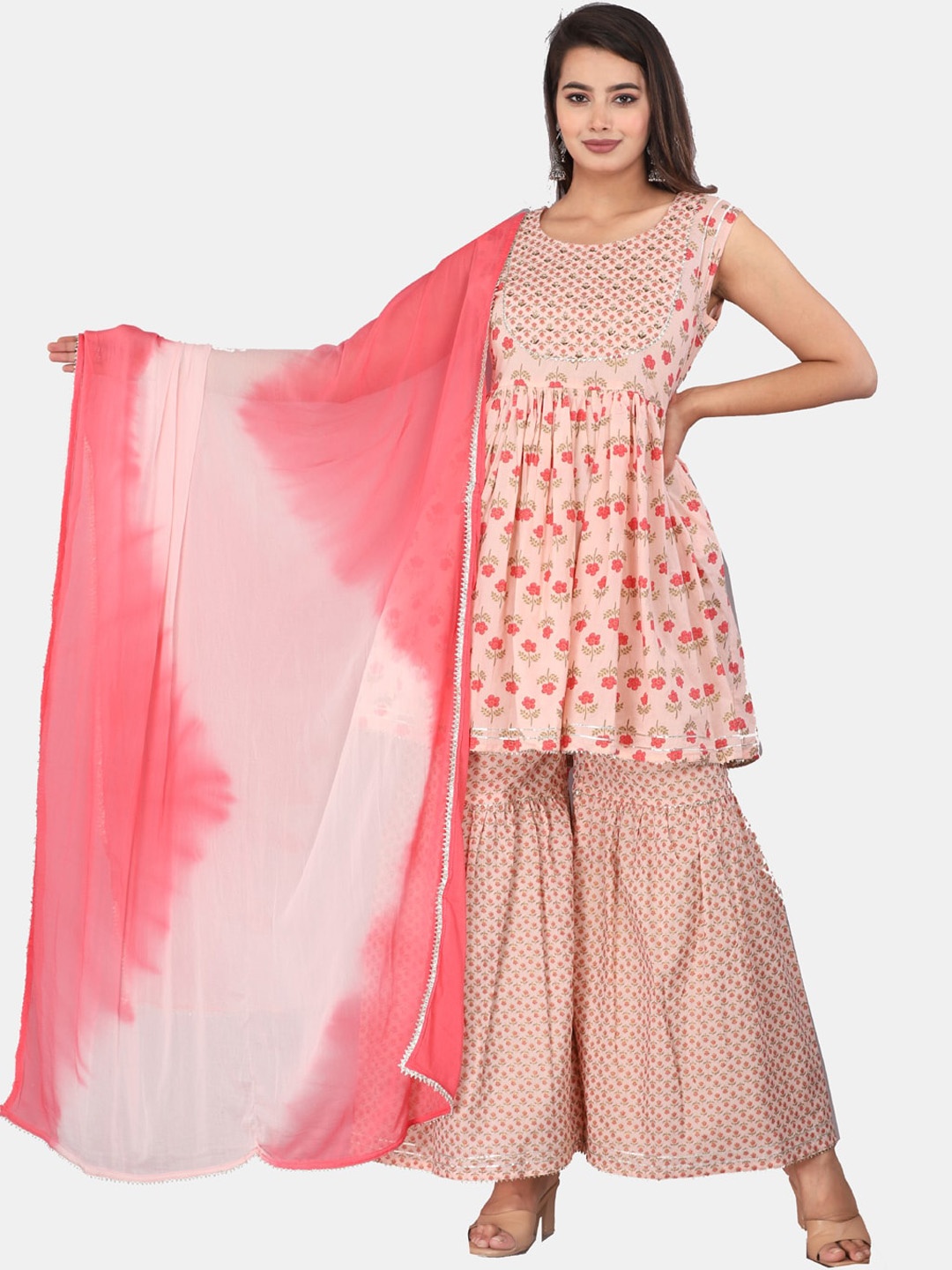 

HIGHLIGHT FASHION EXPORT Floral Printed Pure Cotton Kurta With Sharara With Dupatta, Peach