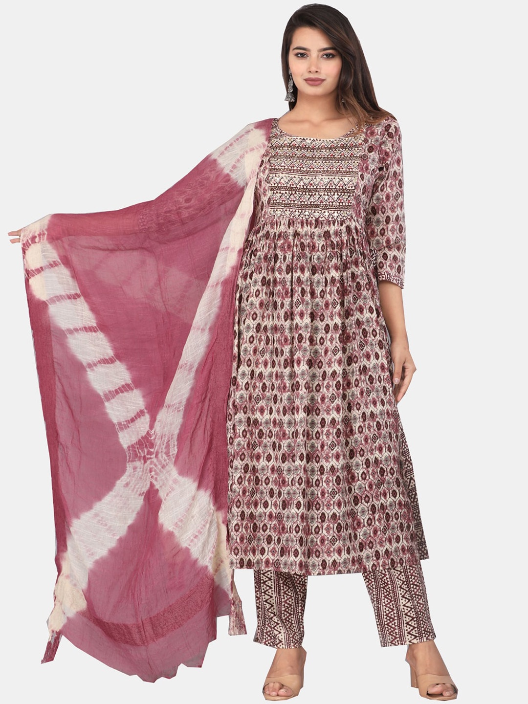 

HIGHLIGHT FASHION EXPORT Ethnic Motifs Printed A-Line Kurta & Trousers With Dupatta, Maroon