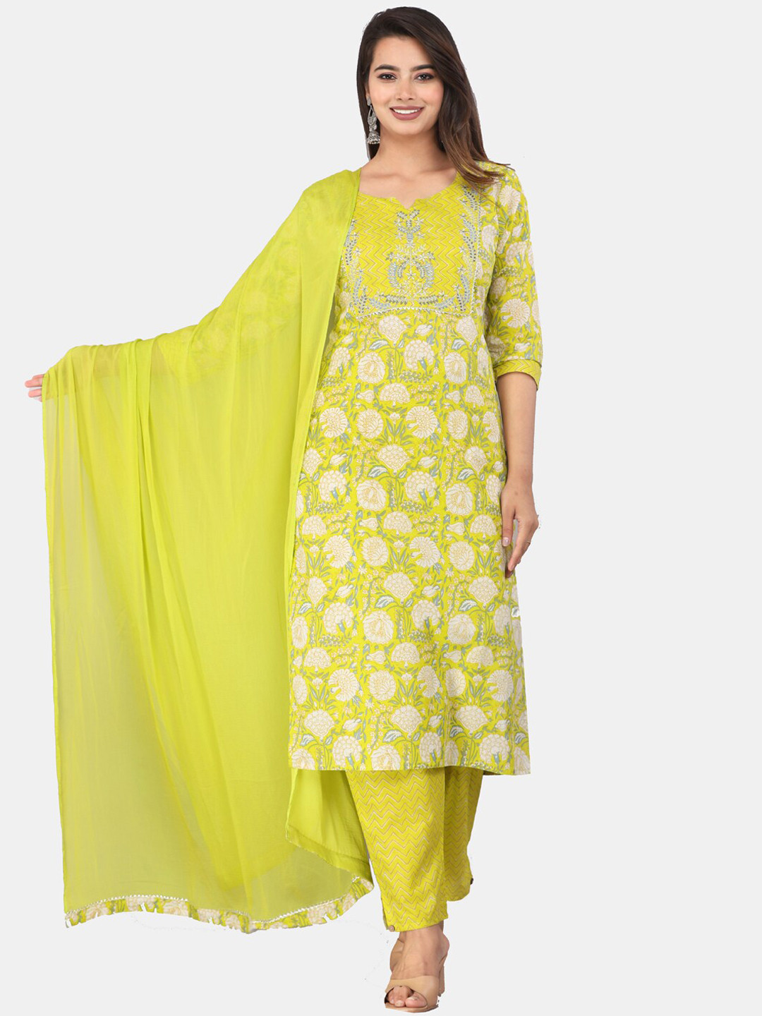 

HIGHLIGHT FASHION EXPORT Floral Printed Pure Cotton Kurta & Trousers with Dupatta, Green