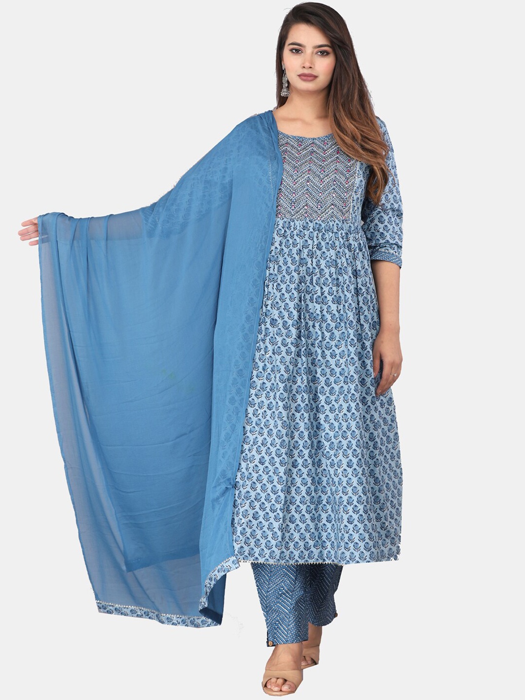 

HIGHLIGHT FASHION EXPORT Printed Thread Work Pure Cotton Kurta & Trousers with Dupatta, Blue