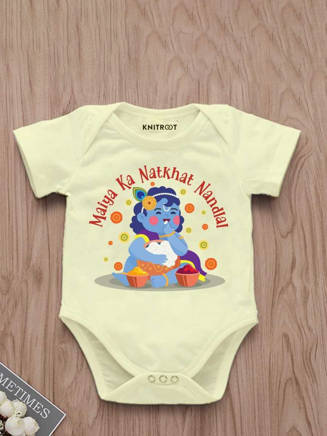 

KNITROOT Infants Maiya Ka Nathkhat Nandlal Printed Cotton Bodysuit, Yellow