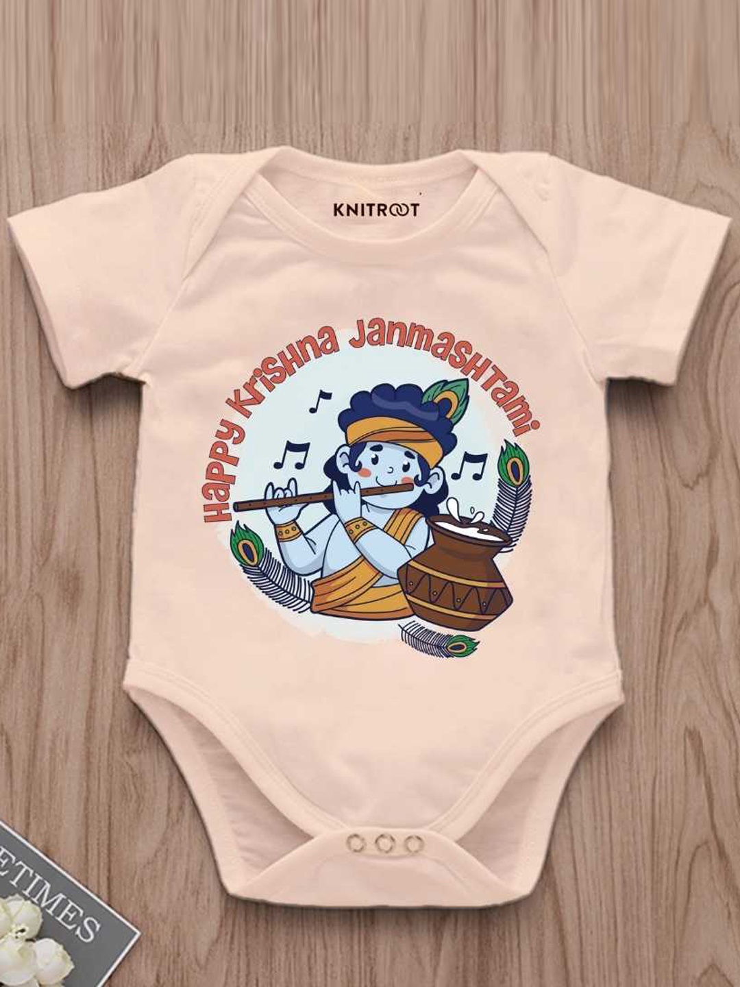 

KNITROOT Infants Happy Krishna Janmastmi Printed Cotton Bodysuit, Peach