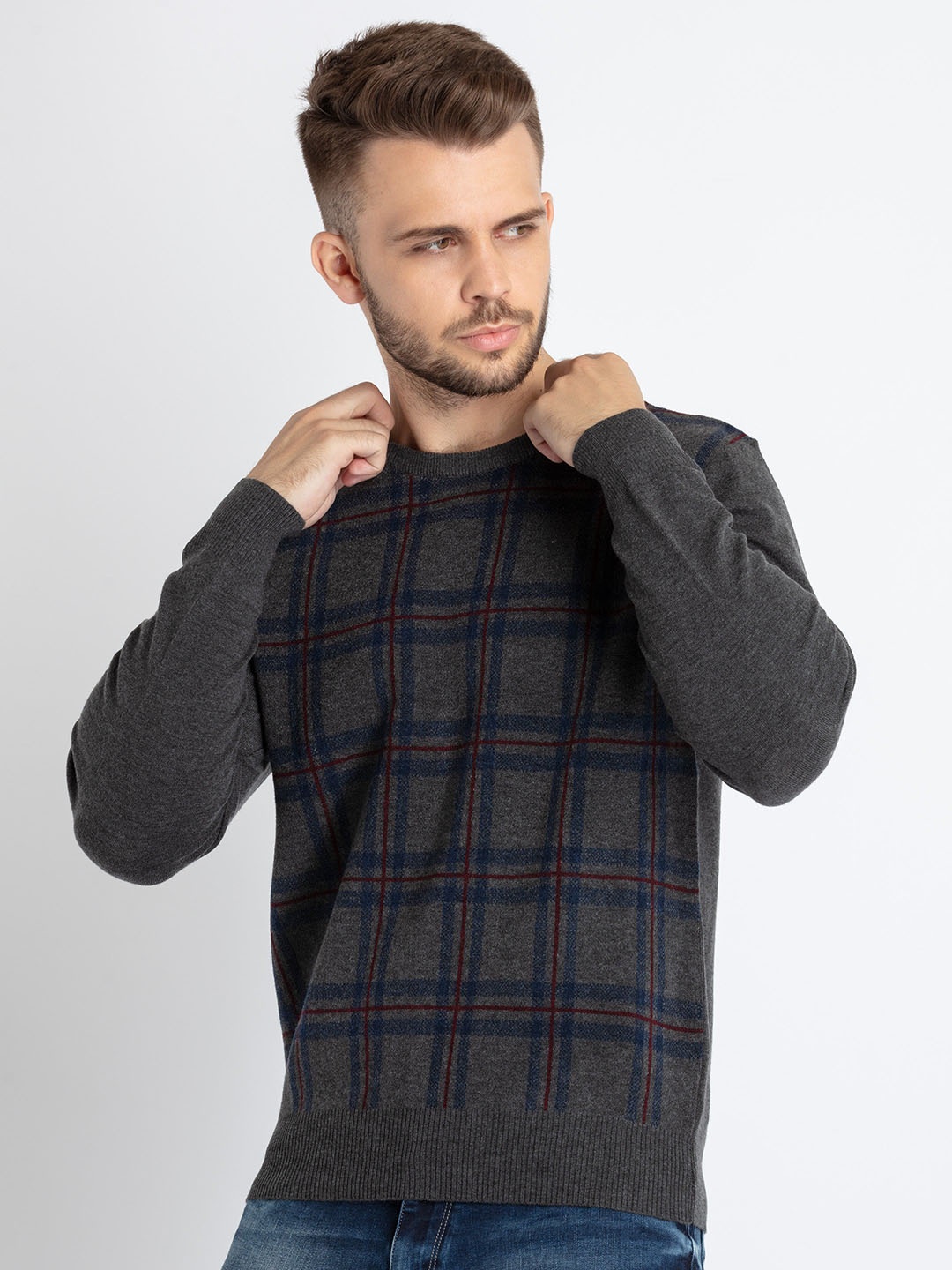 

Status Quo Checked Long Sleeves Pullover, Grey