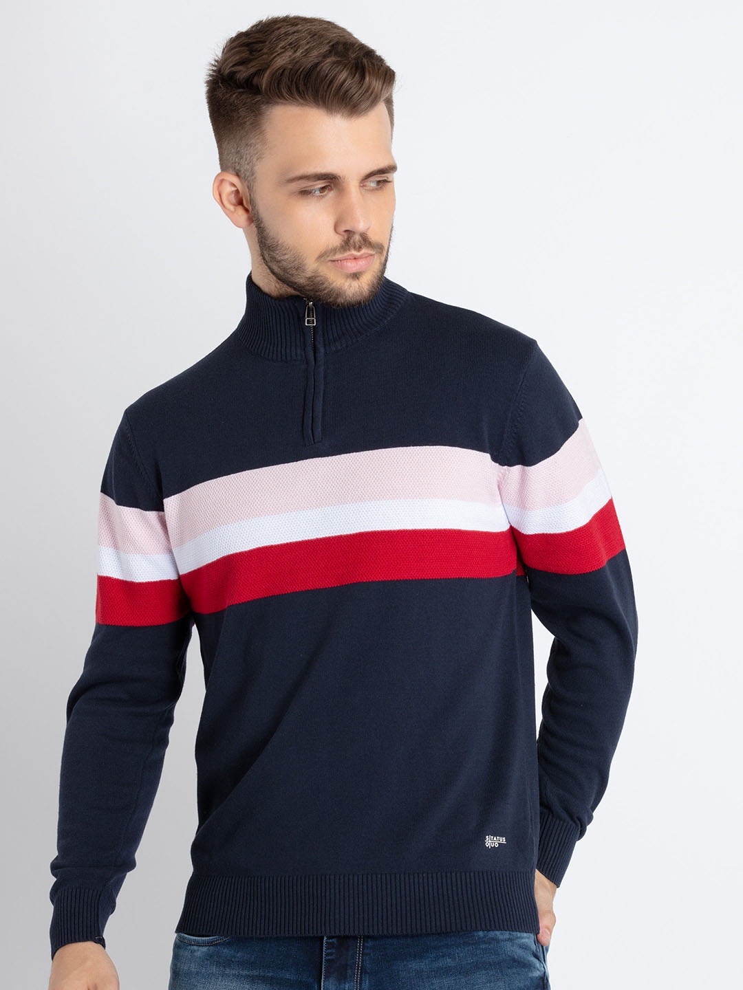 

Status Quo Turtle Neck Striped Cotton Pullover, Navy blue