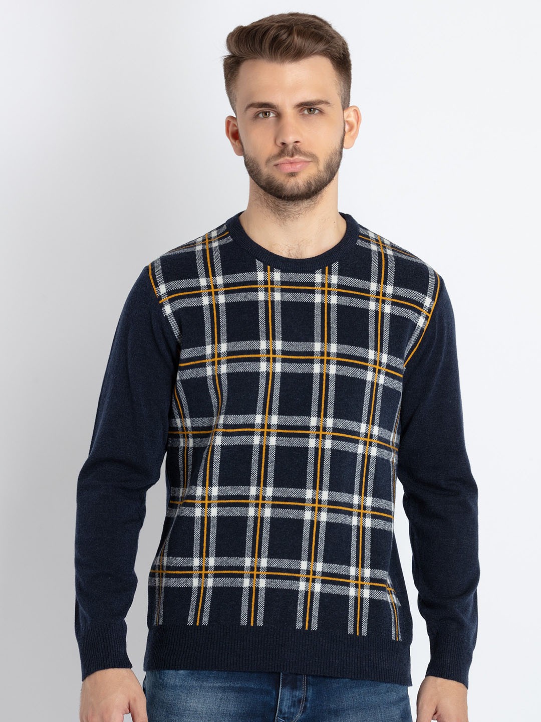 

Status Quo Checked Long Sleeves Pullover, Navy blue