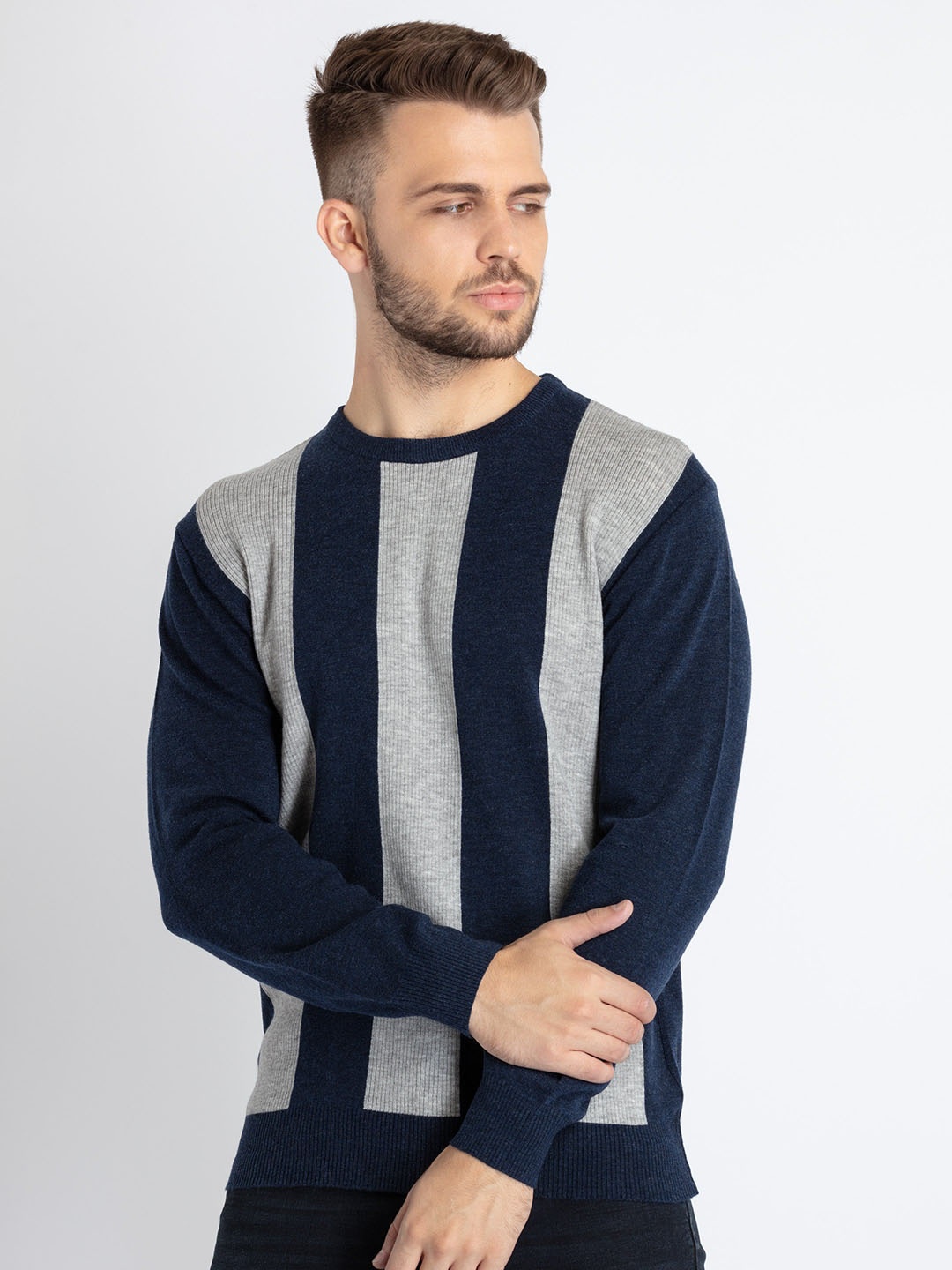 

Status Quo Striped Round Neck Pullover, Grey