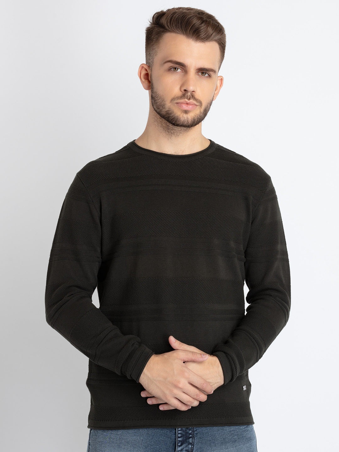 

Status Quo Round Neck Ribbed Cotton Pullover, Black