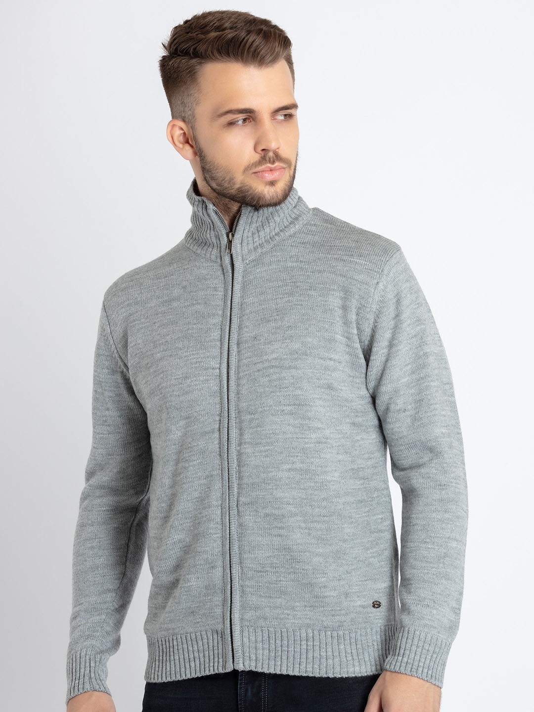 

Status Quo Mock Collar Full Sleeve Open Front Sweater, Grey