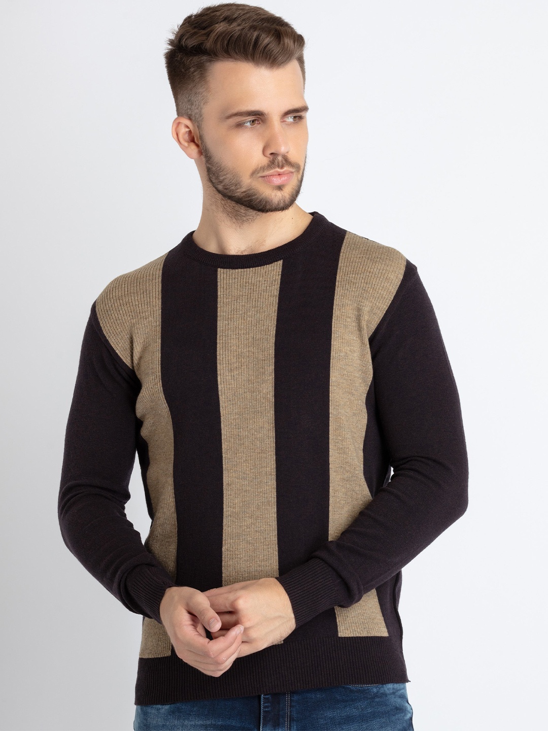 

Status Quo Striped Round Neck Pullover, Khaki