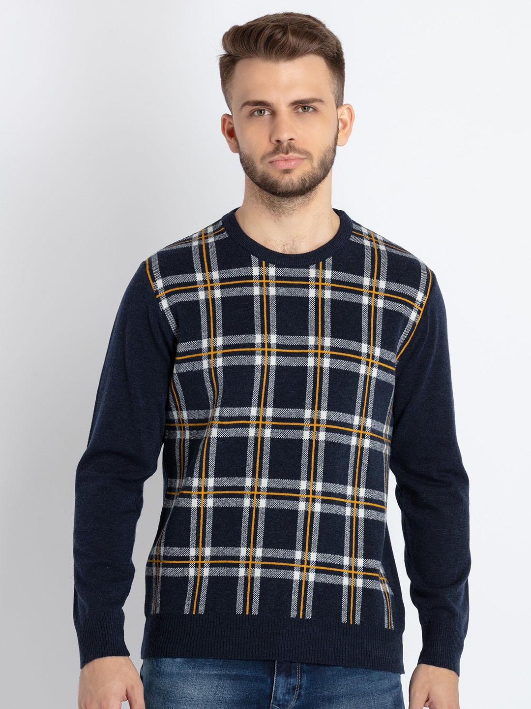 

Status Quo Checked Round Neck Pullover, Navy blue