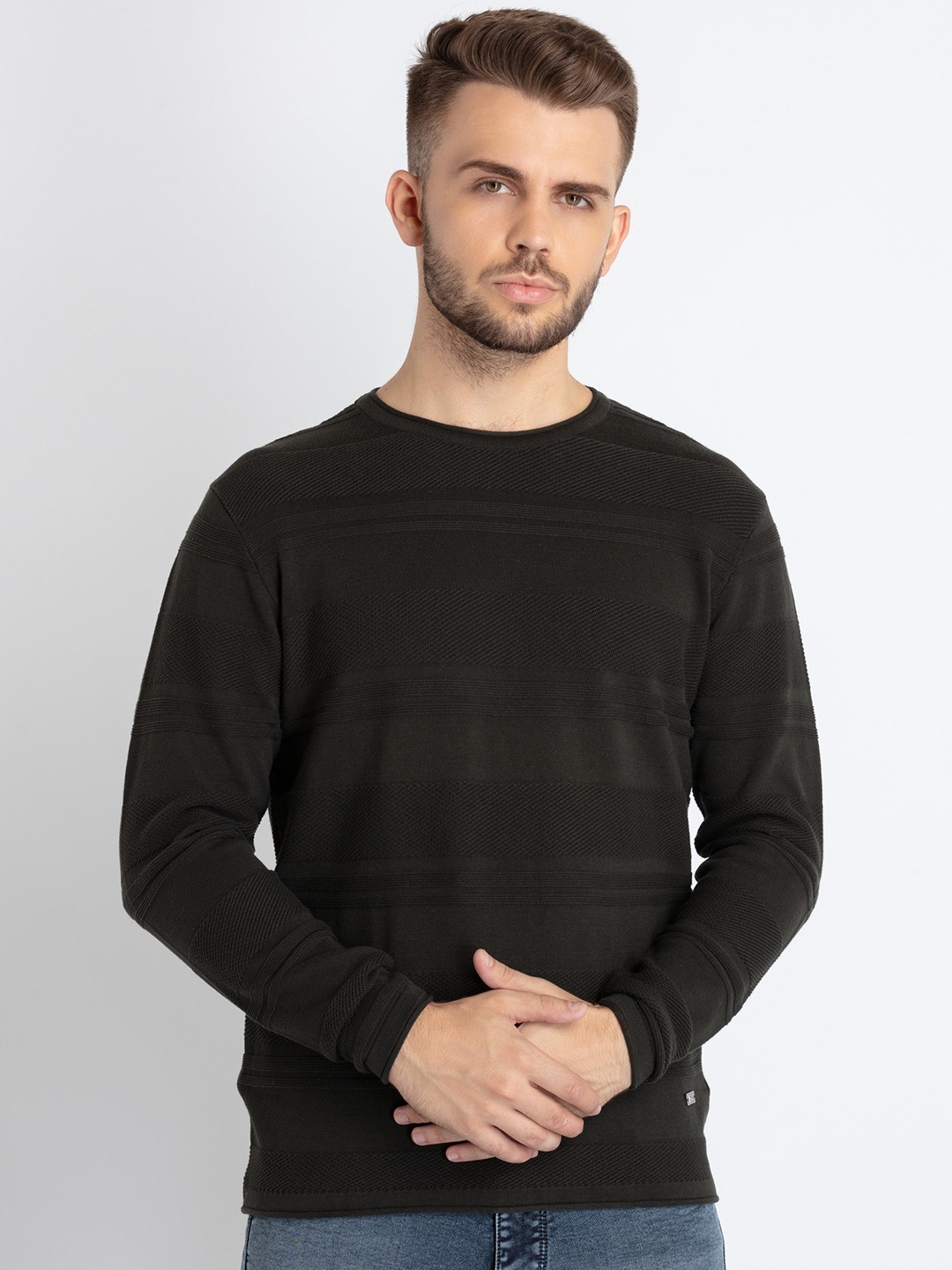 

Status Quo Striped Cotton Pullover, Olive